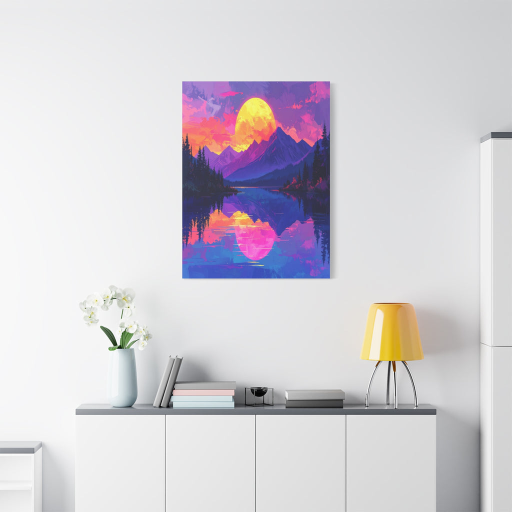 Twilight Symmetry: Neon Mountain Landscape, Vaporwave Digital Art - L’Art Suprême Canvas