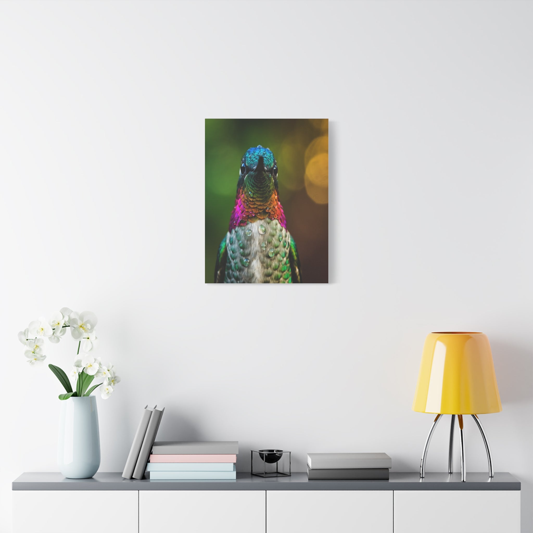 Iridescent Whispers: Hummingbird in Vibrant Plumage, Close-Up Nature Photography - L’Art Suprême Canvas