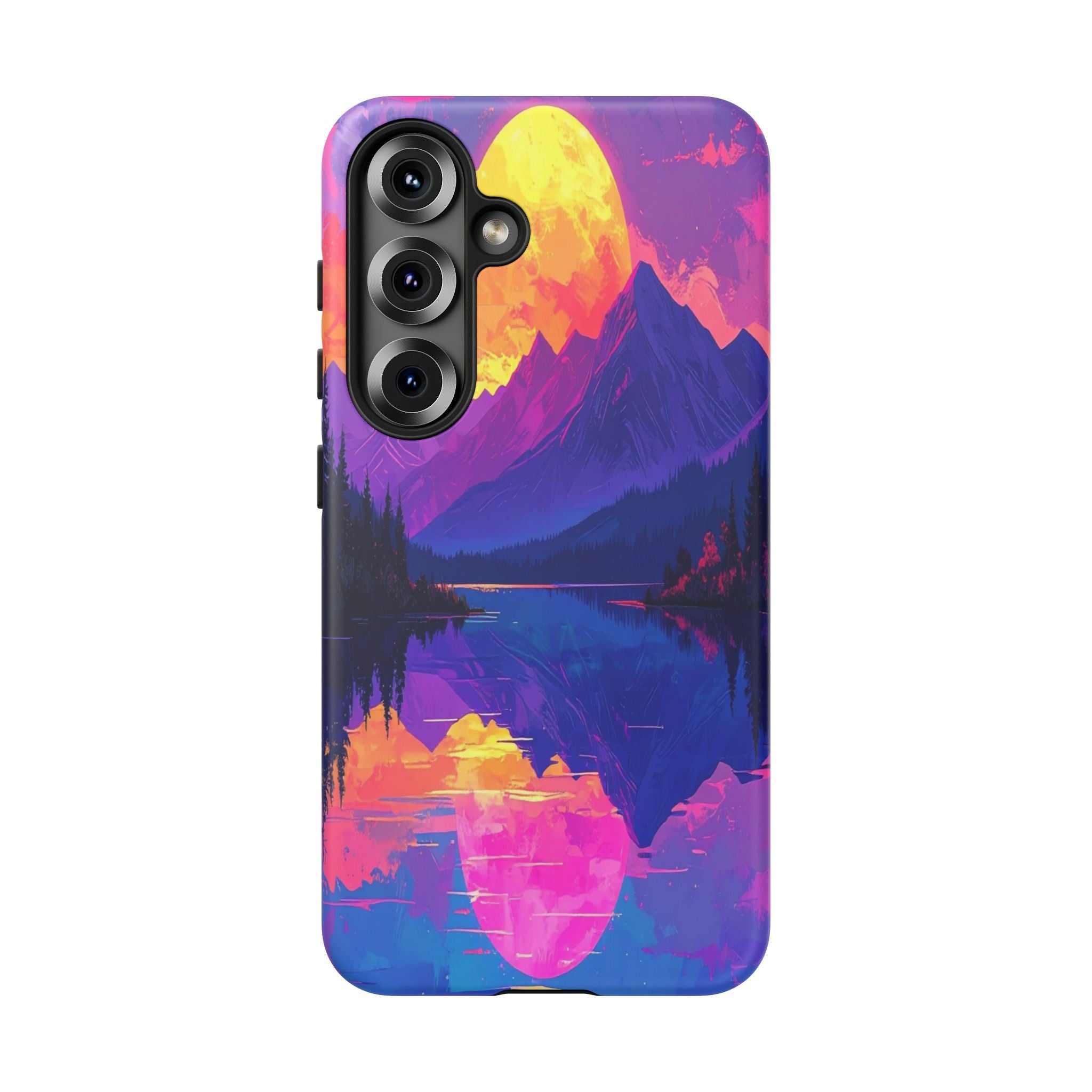 Twilight's Reflective Embrace: Mountain Synthwave Landscape, Digital Sunset Panorama - L’Art Suprême Phone Case