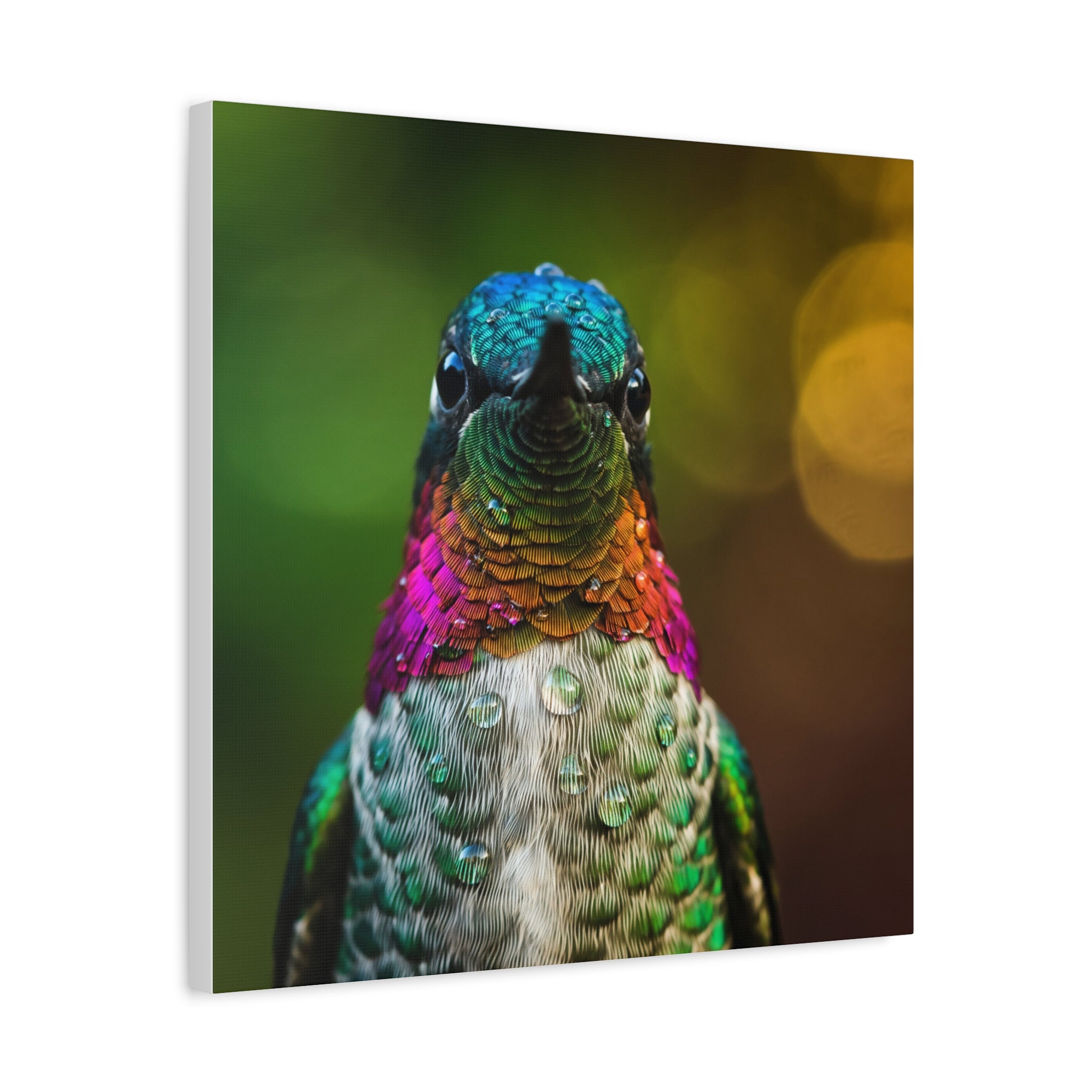 Iridescent Whispers: Hummingbird in Vibrant Plumage, Close-Up Nature Photography - L’Art Suprême Canvas