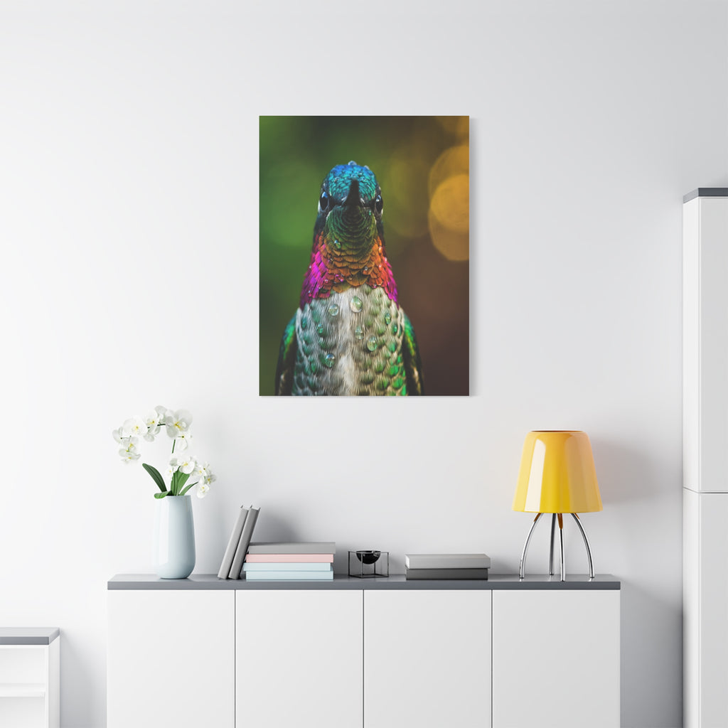 Iridescent Whispers: Hummingbird in Vibrant Plumage, Close-Up Nature Photography - L’Art Suprême Canvas