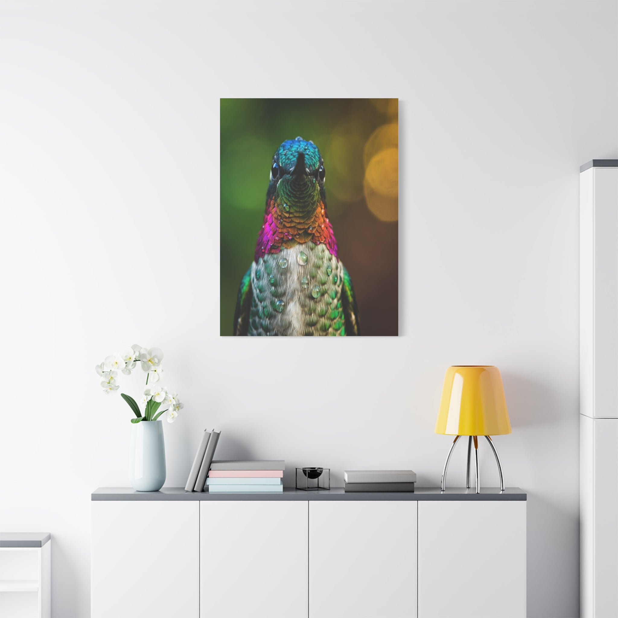 Iridescent Whispers: Hummingbird in Vibrant Plumage, Close-Up Nature Photography - L’Art Suprême Canvas