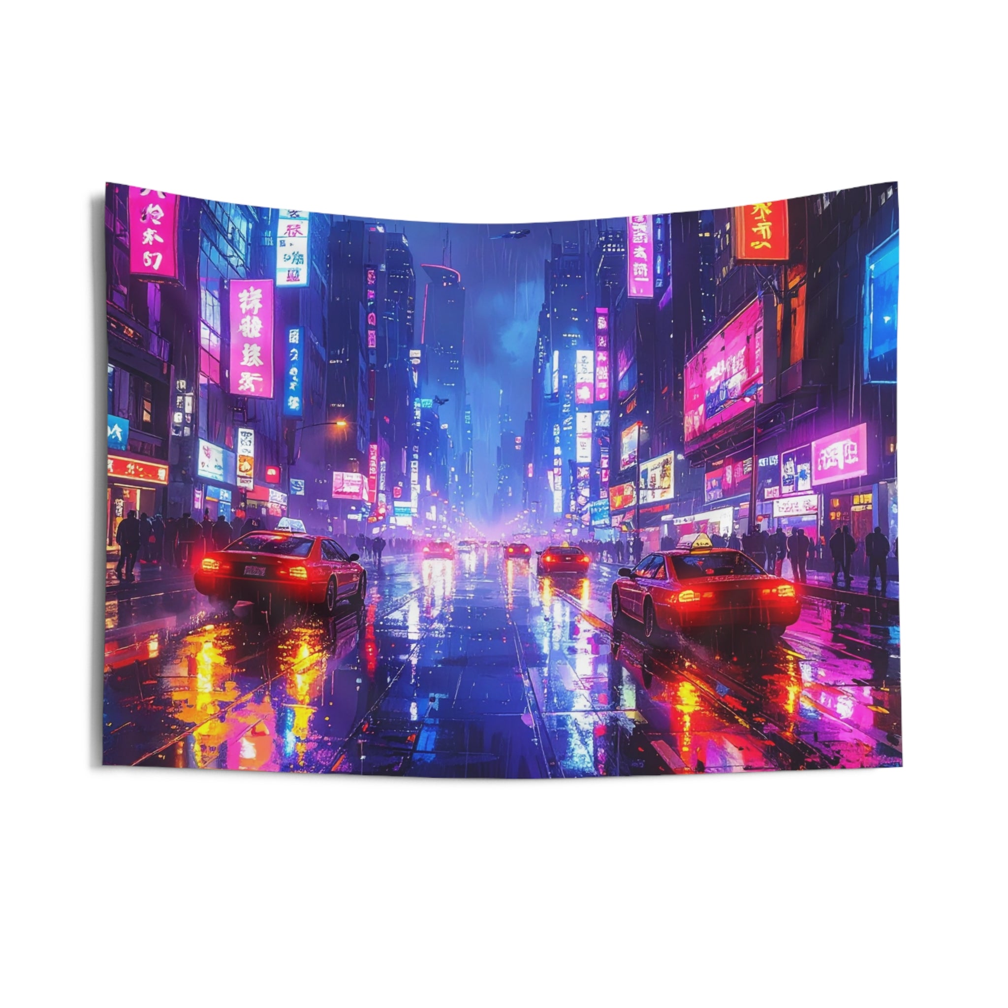 Neon Metropolis: Cyberpunk Urban Landscape, Rain-Soaked Night Scene - L'Art Tapestry