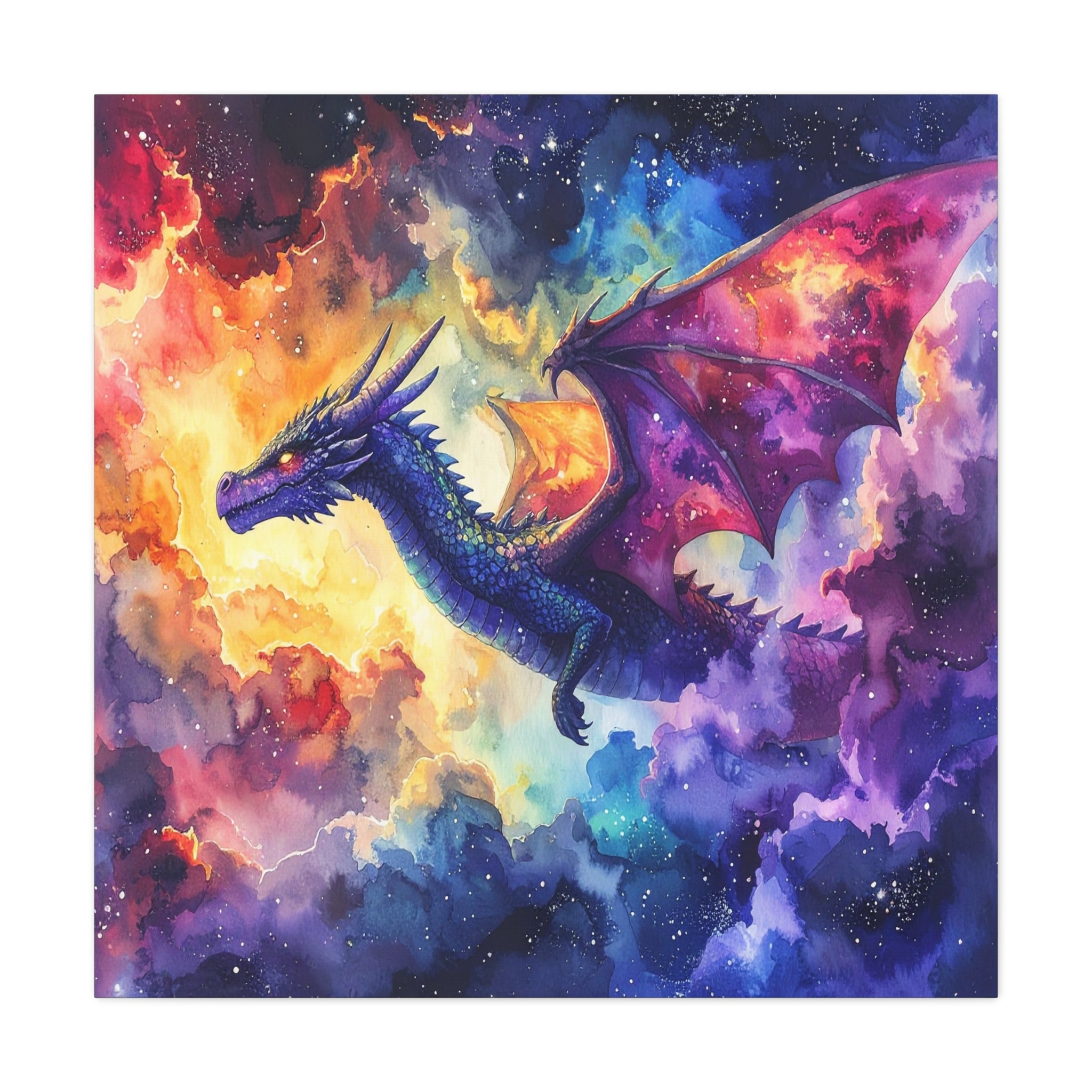 Cosmic Dragons' Ascent: Ethereal Watercolor Fantasy, Celestial Mythical Landscape - L’Art Suprême Canvas