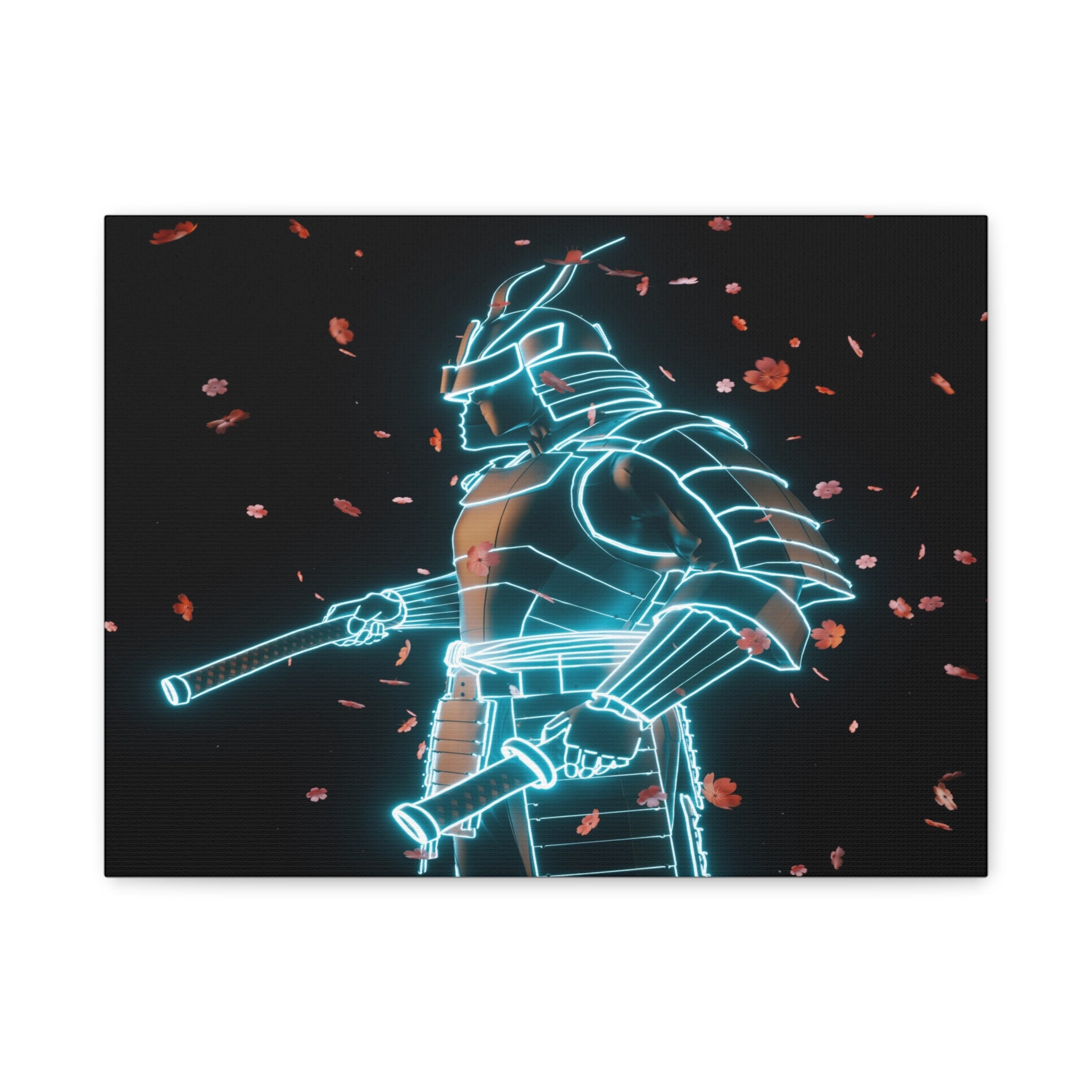 Neon Samurai: Digital Warrior, Cyberpunk Fusion, Glowing Wireframe Armor - L’Art Suprême Canvas