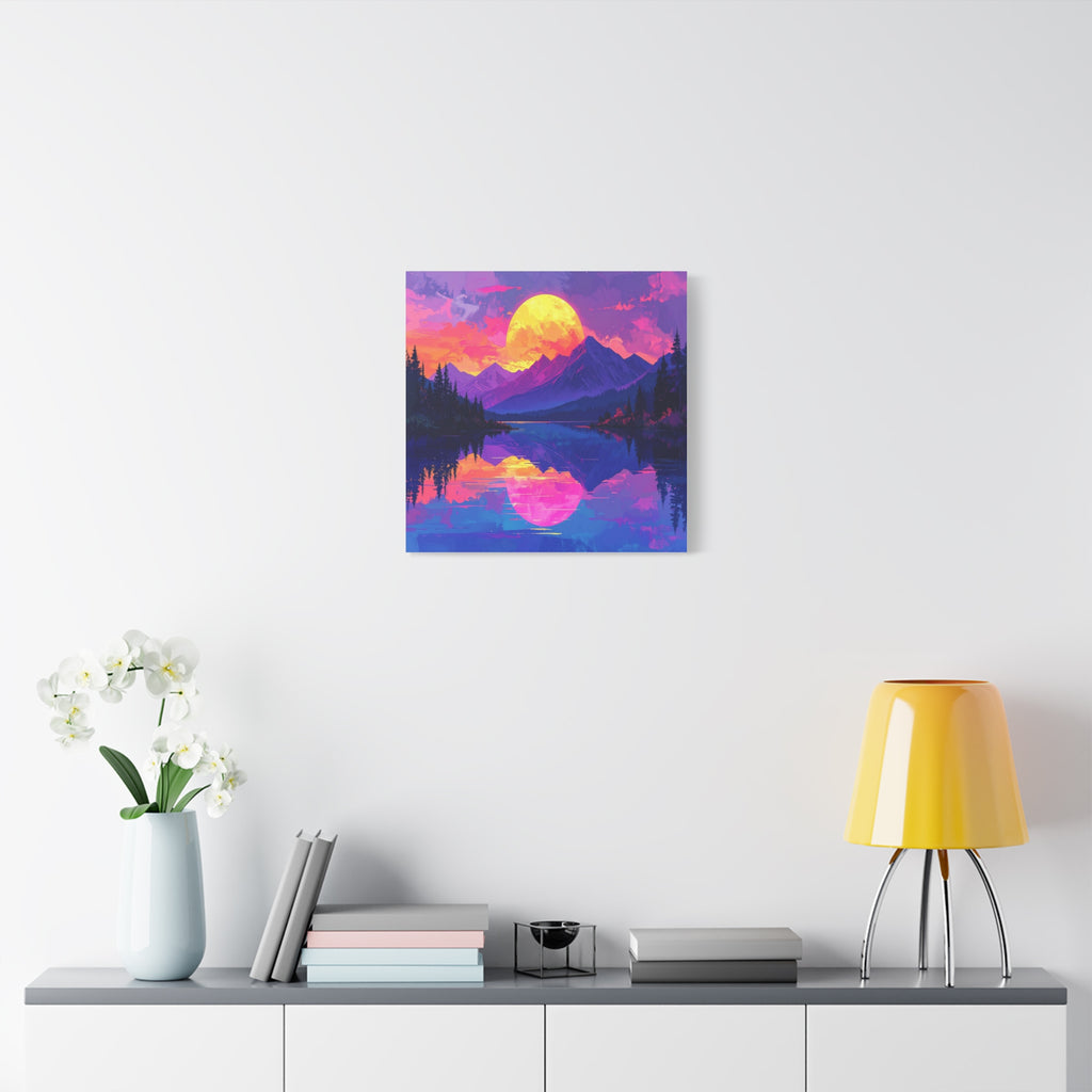 Twilight Symmetry: Neon Mountain Landscape, Vaporwave Digital Art - L’Art Suprême Canvas
