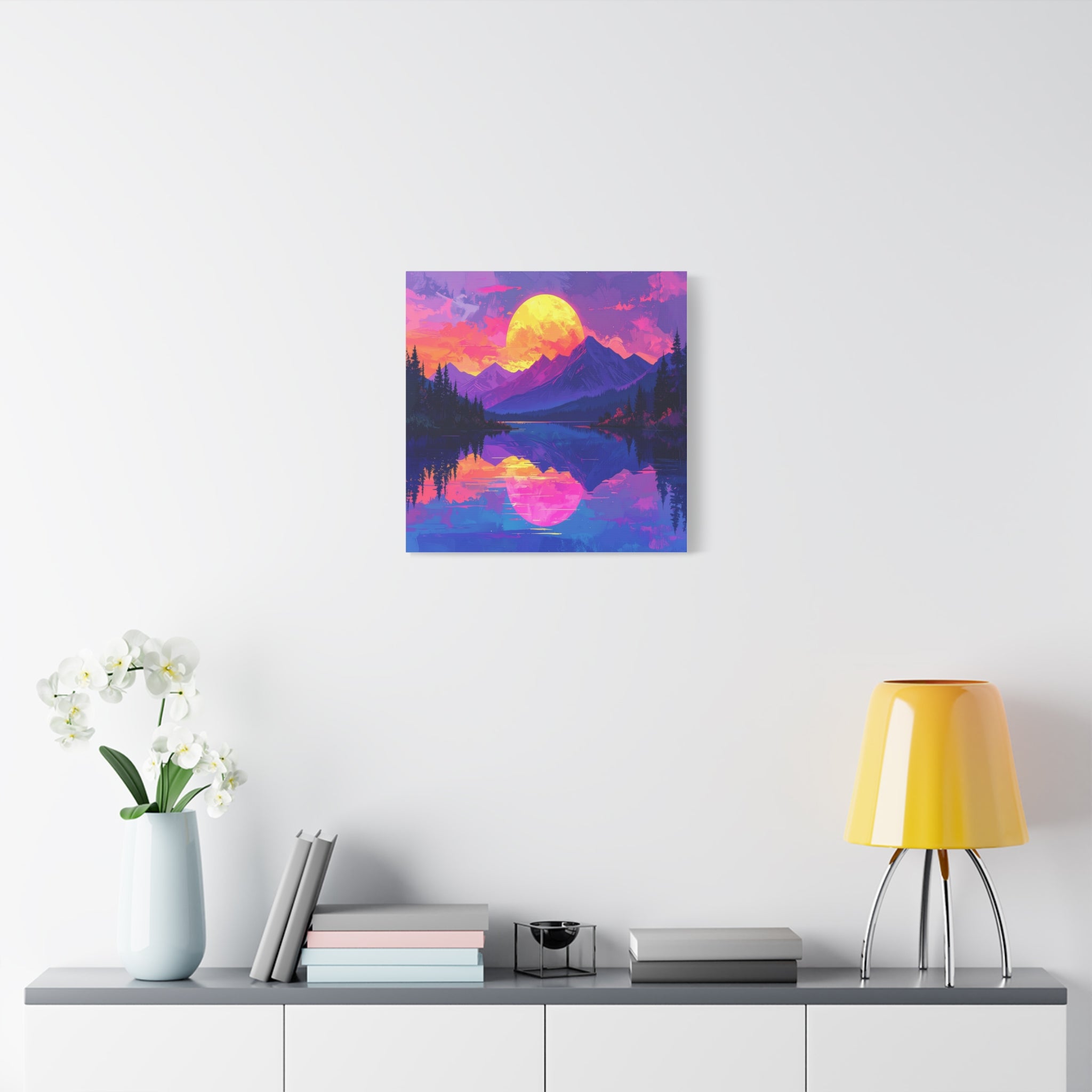 Twilight Symmetry: Neon Mountain Landscape, Vaporwave Digital Art - L’Art Suprême Canvas