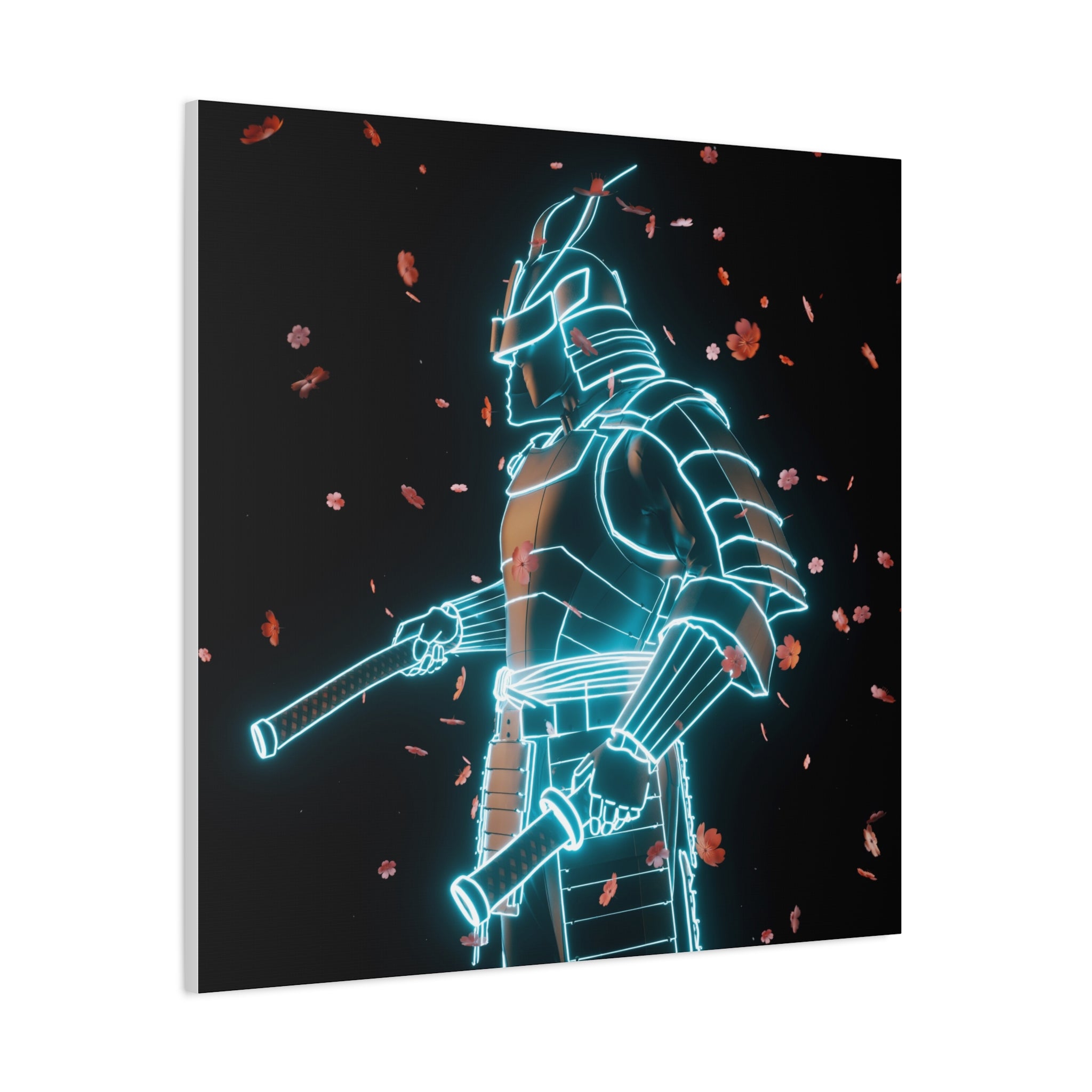 Neon Samurai: Digital Warrior, Cyberpunk Fusion, Glowing Wireframe Armor - L’Art Suprême Canvas
