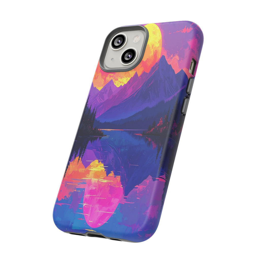 Twilight's Reflective Embrace: Mountain Synthwave Landscape, Digital Sunset Panorama - L’Art Suprême Phone Case
