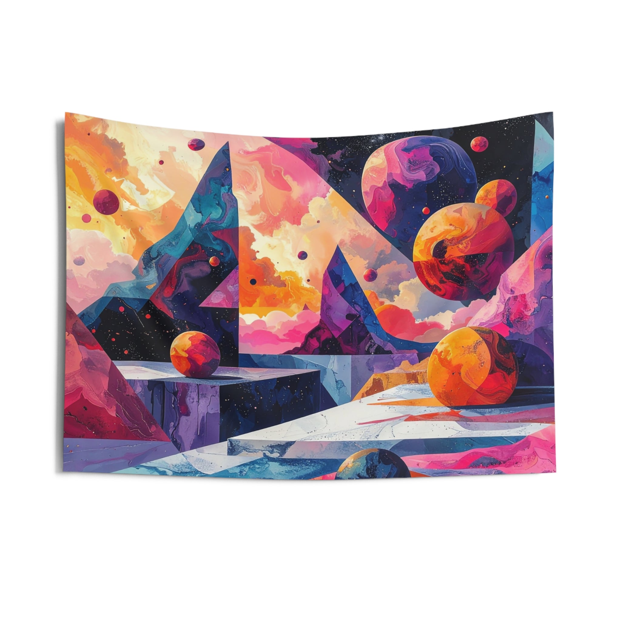 Cosmic Geometry: Planetary Dreamscape, Psychedelic Abstract Digital Art - L'Art Tapestry