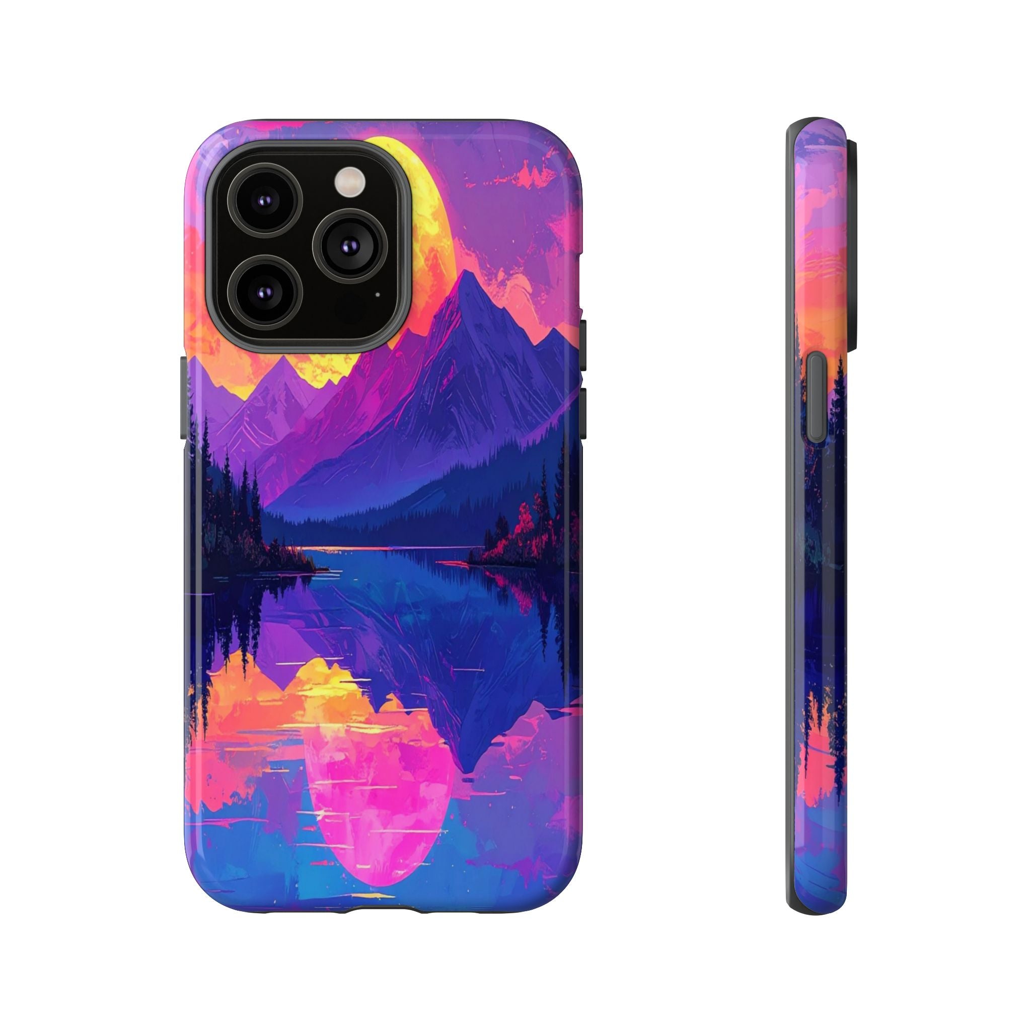 Twilight's Reflective Embrace: Mountain Synthwave Landscape, Digital Sunset Panorama - L’Art Suprême Phone Case
