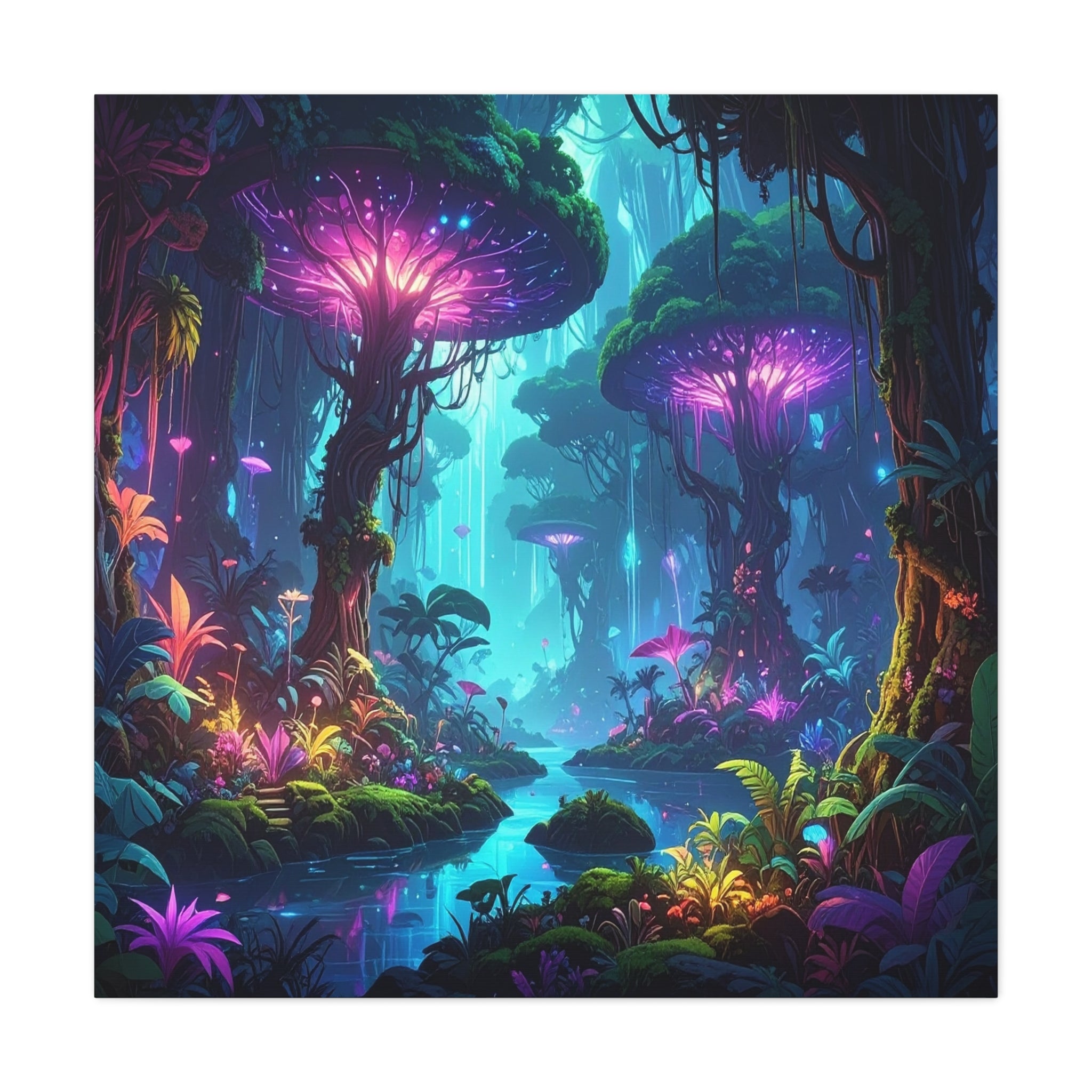 Luminescent Realms: Bioluminescent Forest Fantasy, Digital Art Dreamscape - L’Art Suprême Canvas
