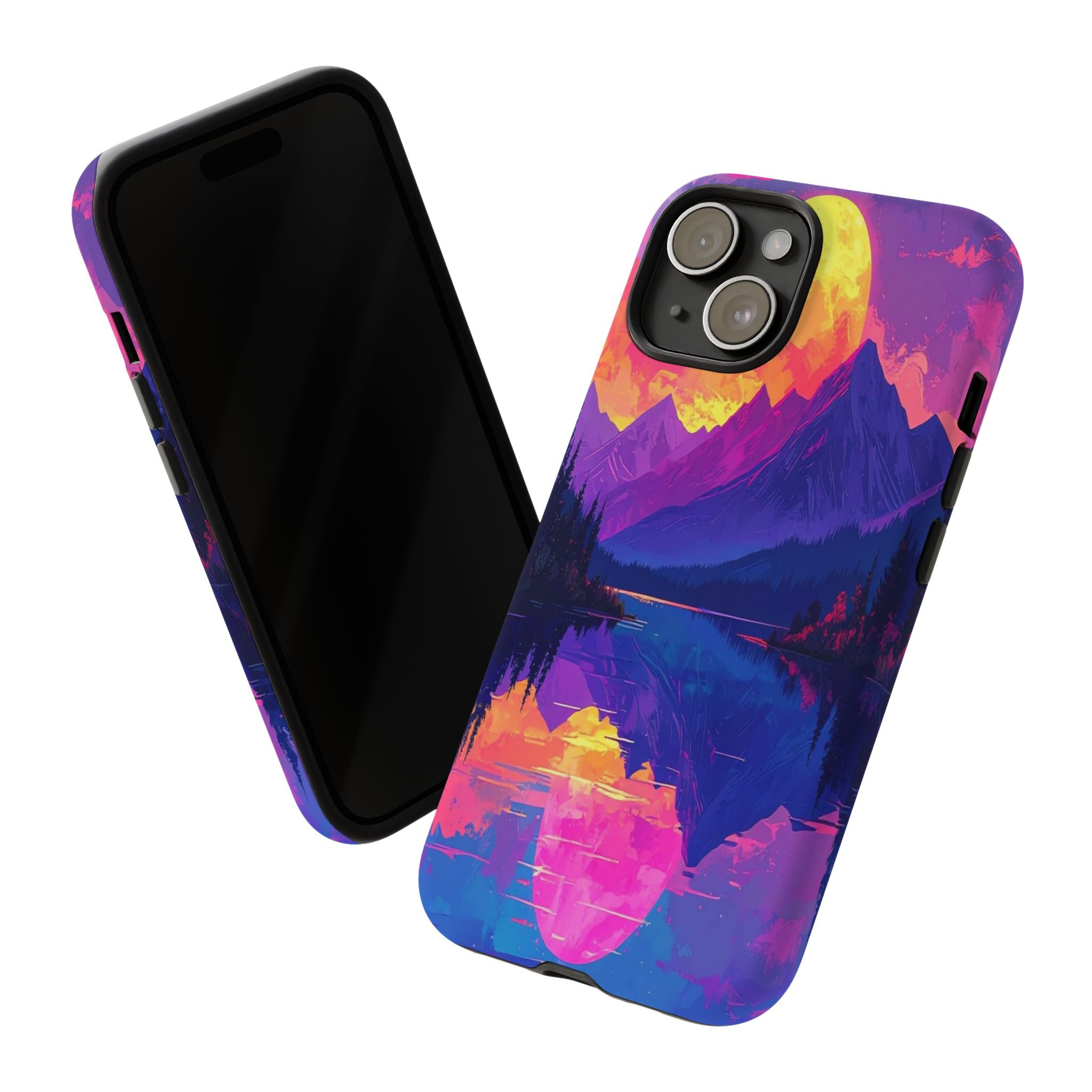 Twilight's Reflective Embrace: Mountain Synthwave Landscape, Digital Sunset Panorama - L’Art Suprême Phone Case