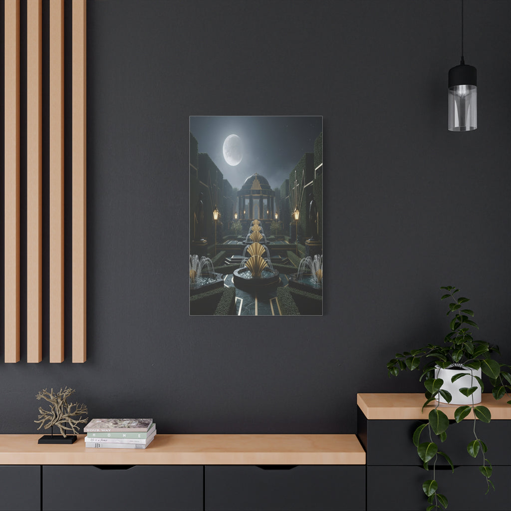 Nocturnal Pavilion: Art Deco Garden Symphony, Moonlit Architectural Dreamscape - L’Art Suprême Canvas