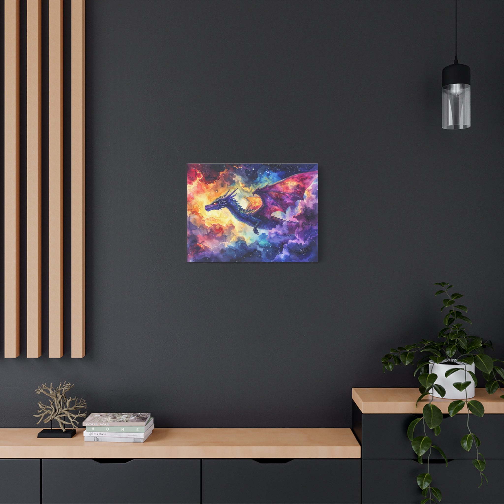 Cosmic Dragons' Ascent: Ethereal Watercolor Fantasy, Celestial Mythical Landscape - L’Art Suprême Canvas
