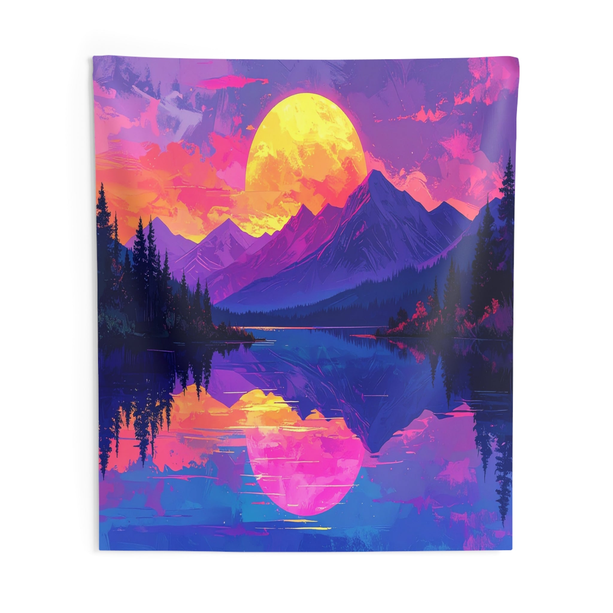 Sunset Symphony: Digital Mountain Dreamscape, Psychedelic Nature Illustration - L'Art Tapestry