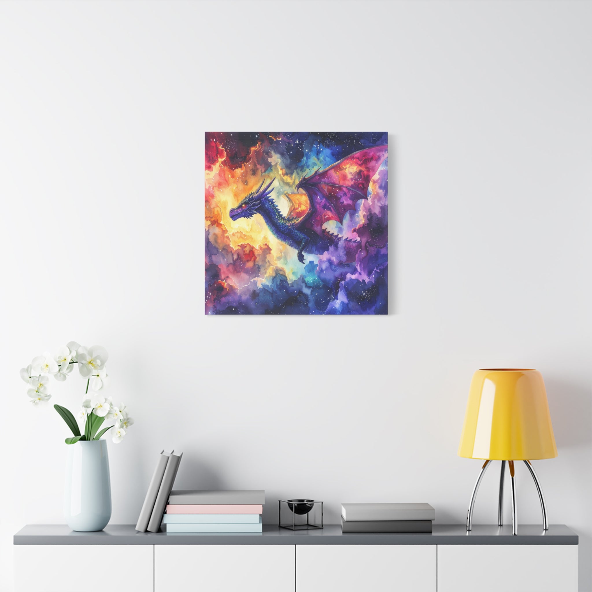 Cosmic Dragons' Ascent: Ethereal Watercolor Fantasy, Celestial Mythical Landscape - L’Art Suprême Canvas