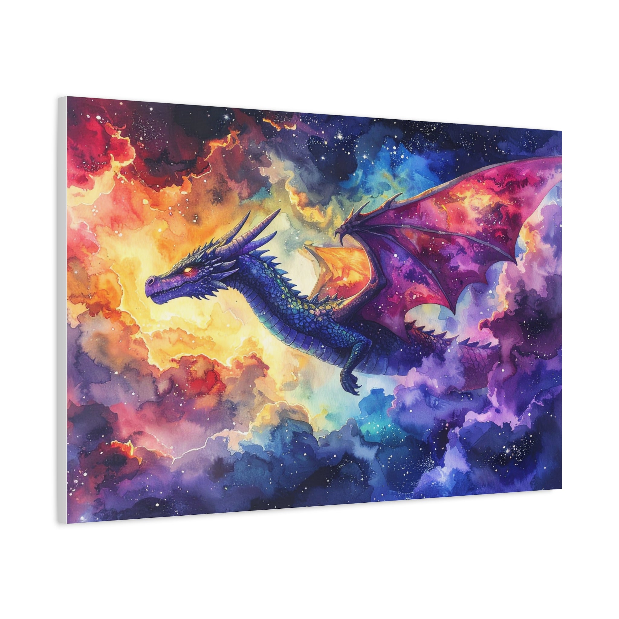 Cosmic Dragons' Ascent: Ethereal Watercolor Fantasy, Celestial Mythical Landscape - L’Art Suprême Canvas
