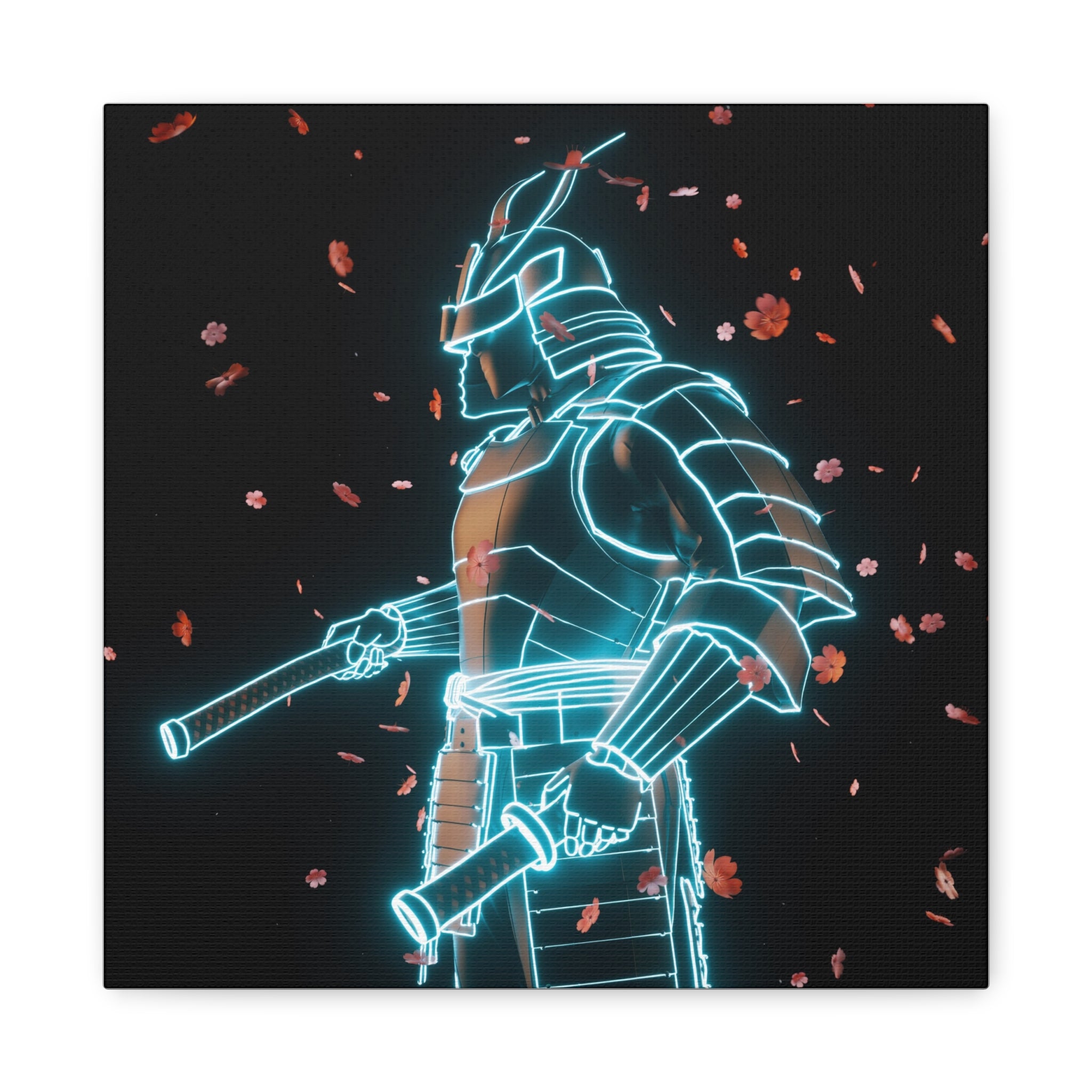 Neon Samurai: Digital Warrior, Cyberpunk Fusion, Glowing Wireframe Armor - L’Art Suprême Canvas