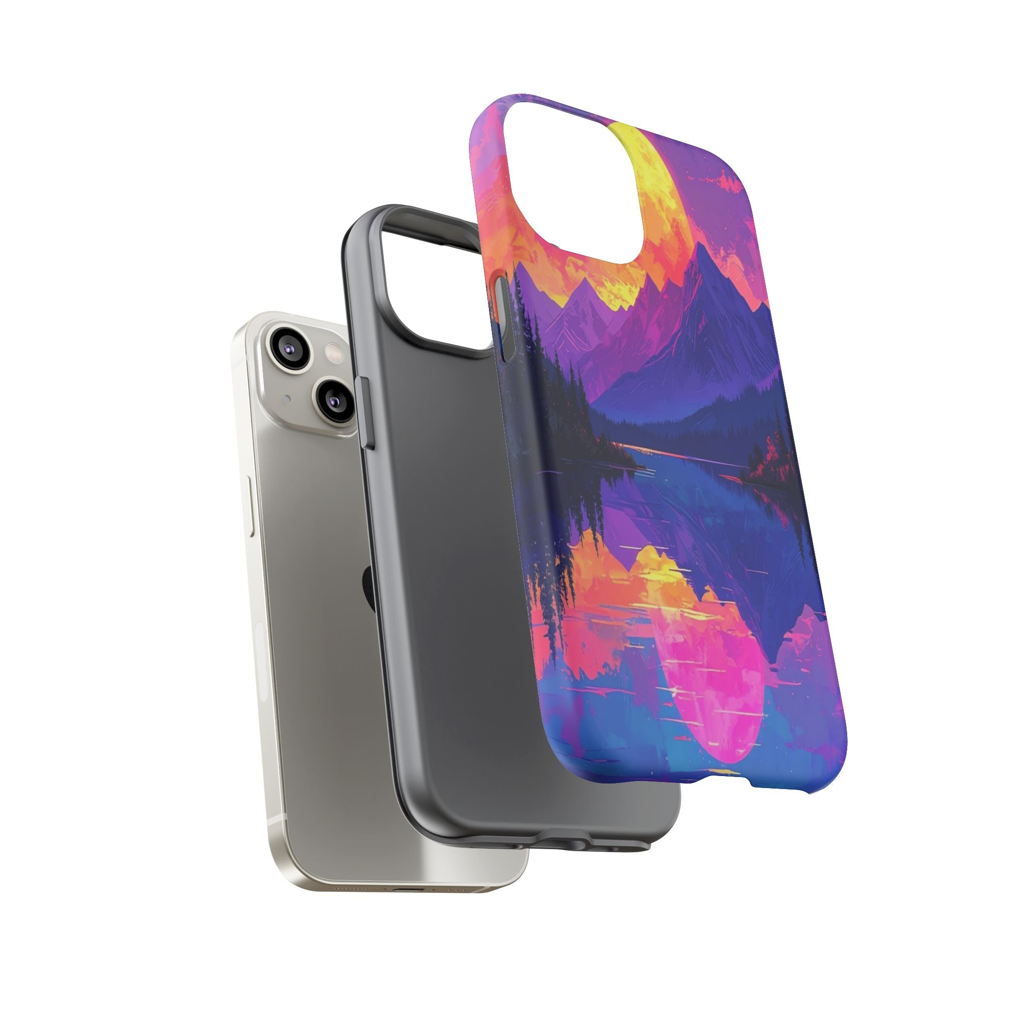 Twilight's Reflective Embrace: Mountain Synthwave Landscape, Digital Sunset Panorama - L’Art Suprême Phone Case