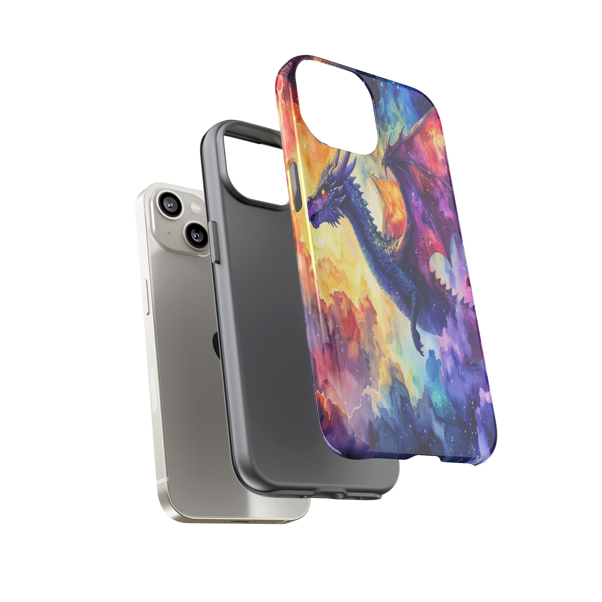 Celestial Dragons' Ascent: Watercolor Fantasy Artwork, Cosmic Nebula Landscape - L’Art Suprême Phone Case