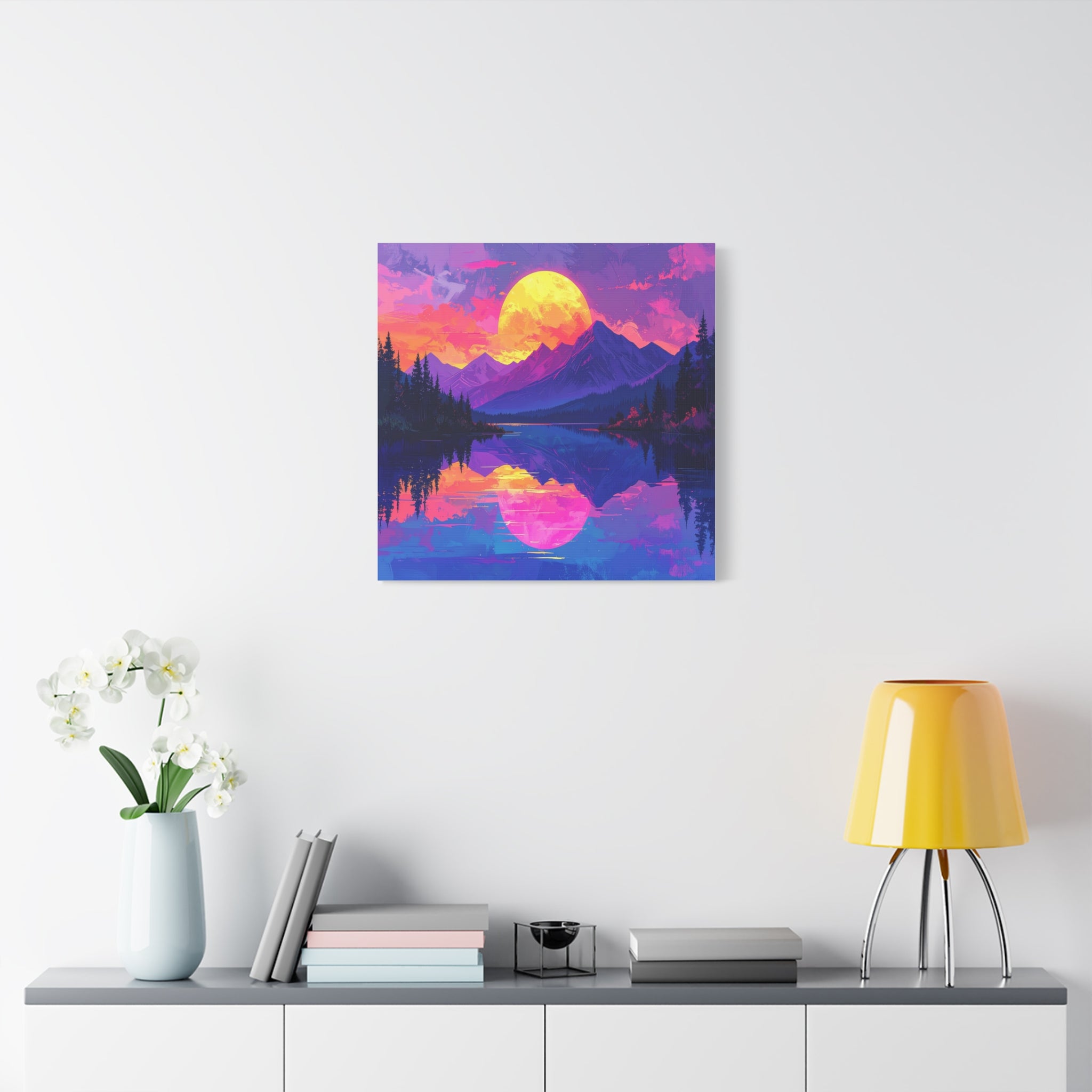 Twilight Symmetry: Neon Mountain Landscape, Vaporwave Digital Art - L’Art Suprême Canvas