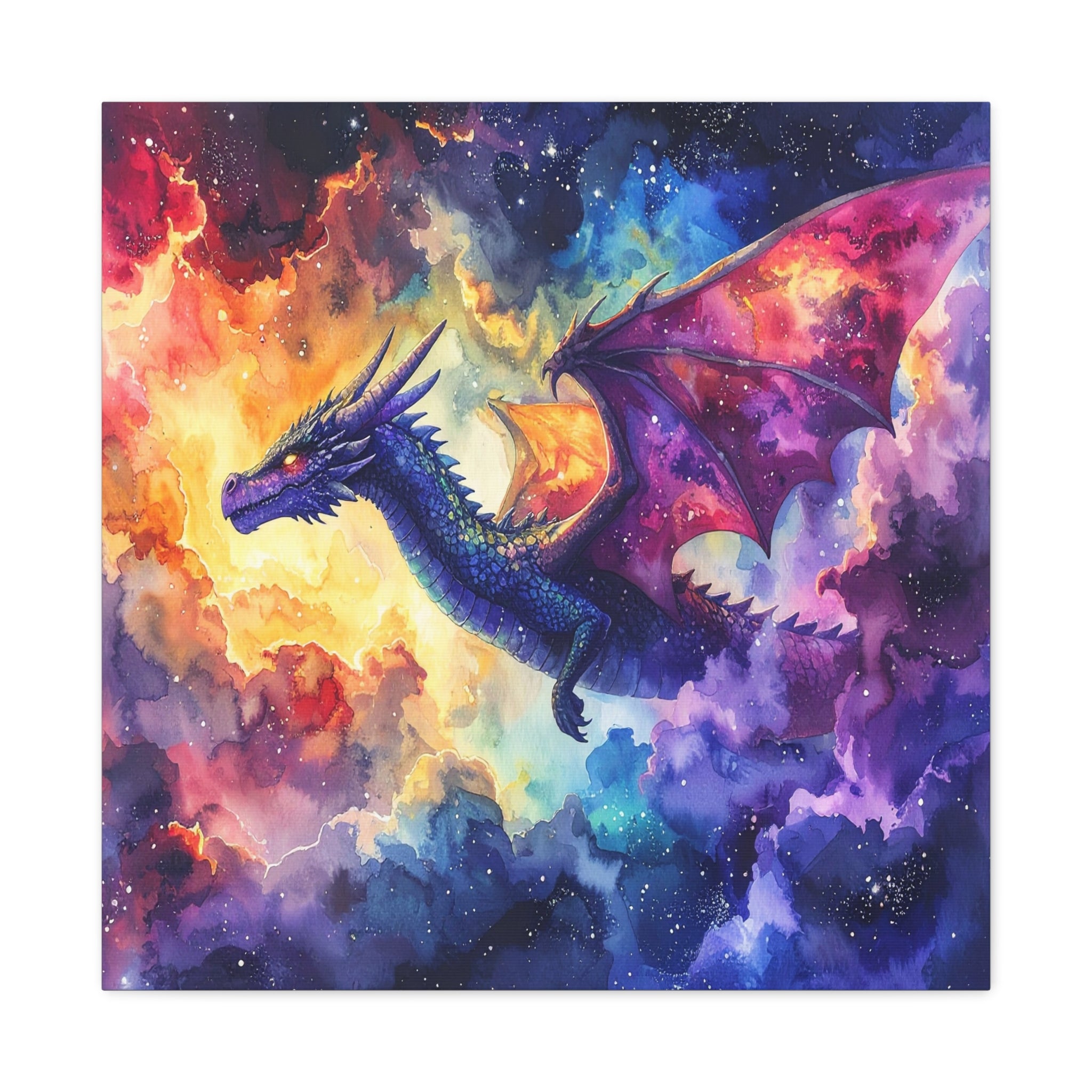 Cosmic Dragons' Ascent: Ethereal Watercolor Fantasy, Celestial Mythical Landscape - L’Art Suprême Canvas