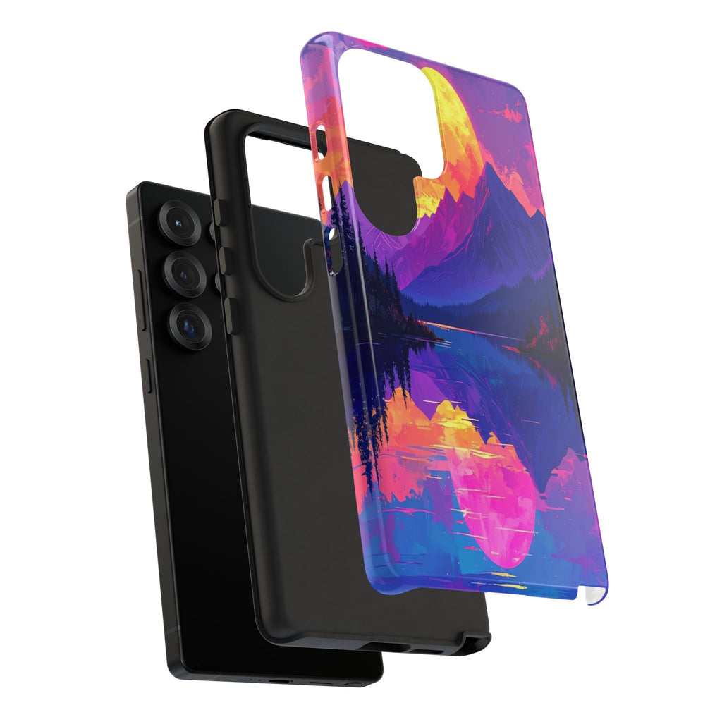 Twilight's Reflective Embrace: Mountain Synthwave Landscape, Digital Sunset Panorama - L’Art Suprême Phone Case