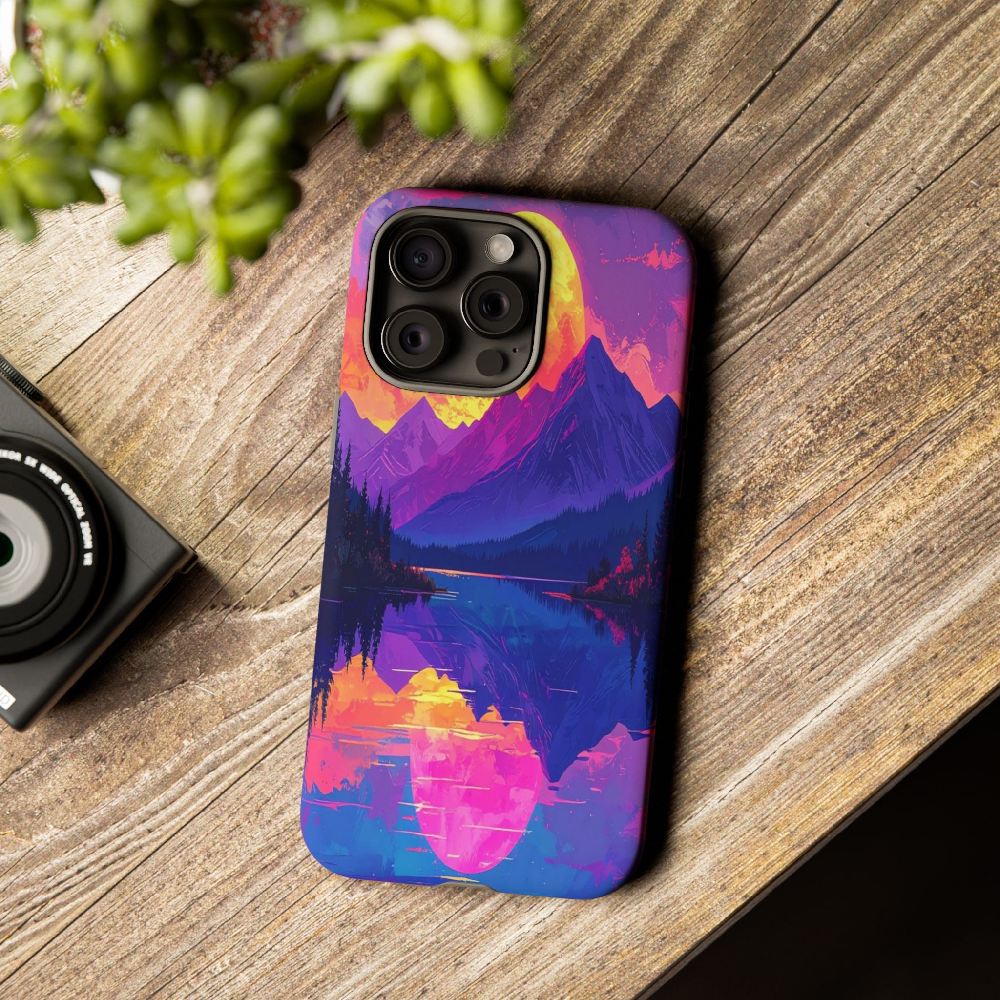 Twilight's Reflective Embrace: Mountain Synthwave Landscape, Digital Sunset Panorama - L’Art Suprême Phone Case