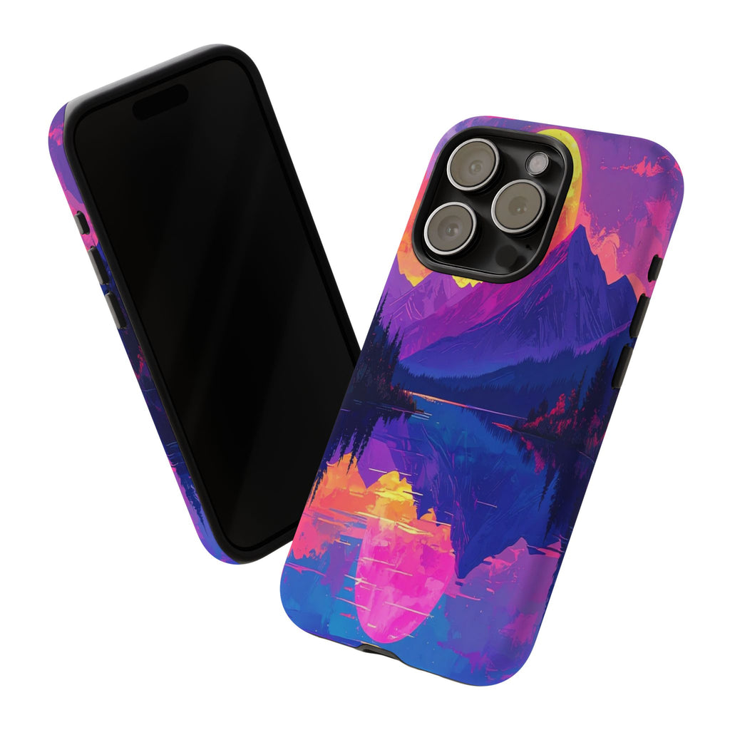 Twilight's Reflective Embrace: Mountain Synthwave Landscape, Digital Sunset Panorama - L’Art Suprême Phone Case