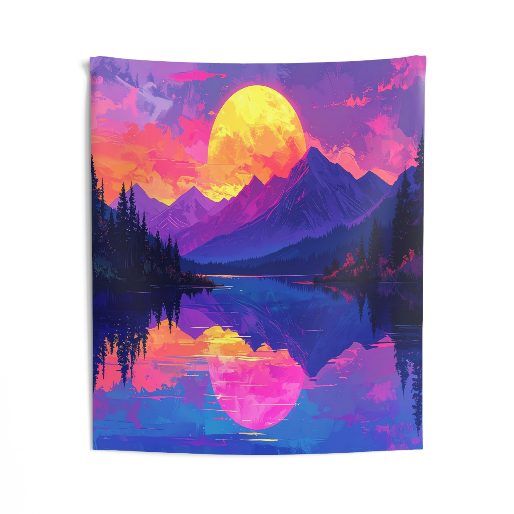 Sunset Symphony: Digital Mountain Dreamscape, Psychedelic Nature Illustration - L'Art Tapestry
