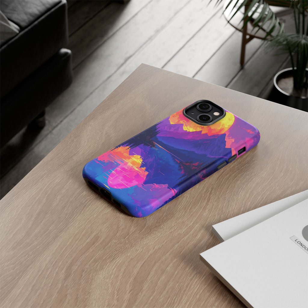 Twilight's Reflective Embrace: Mountain Synthwave Landscape, Digital Sunset Panorama - L’Art Suprême Phone Case