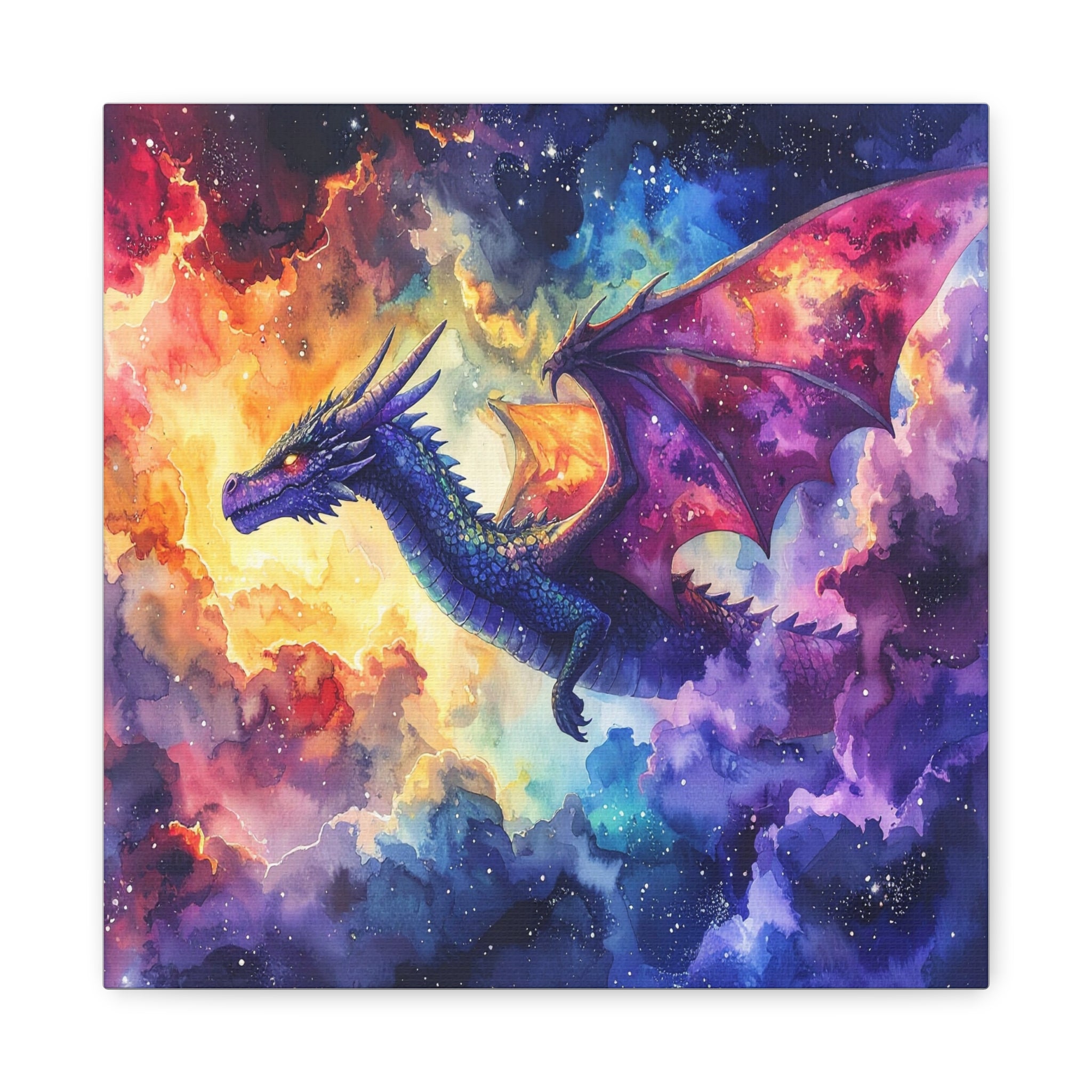 Cosmic Dragons' Ascent: Ethereal Watercolor Fantasy, Celestial Mythical Landscape - L’Art Suprême Canvas