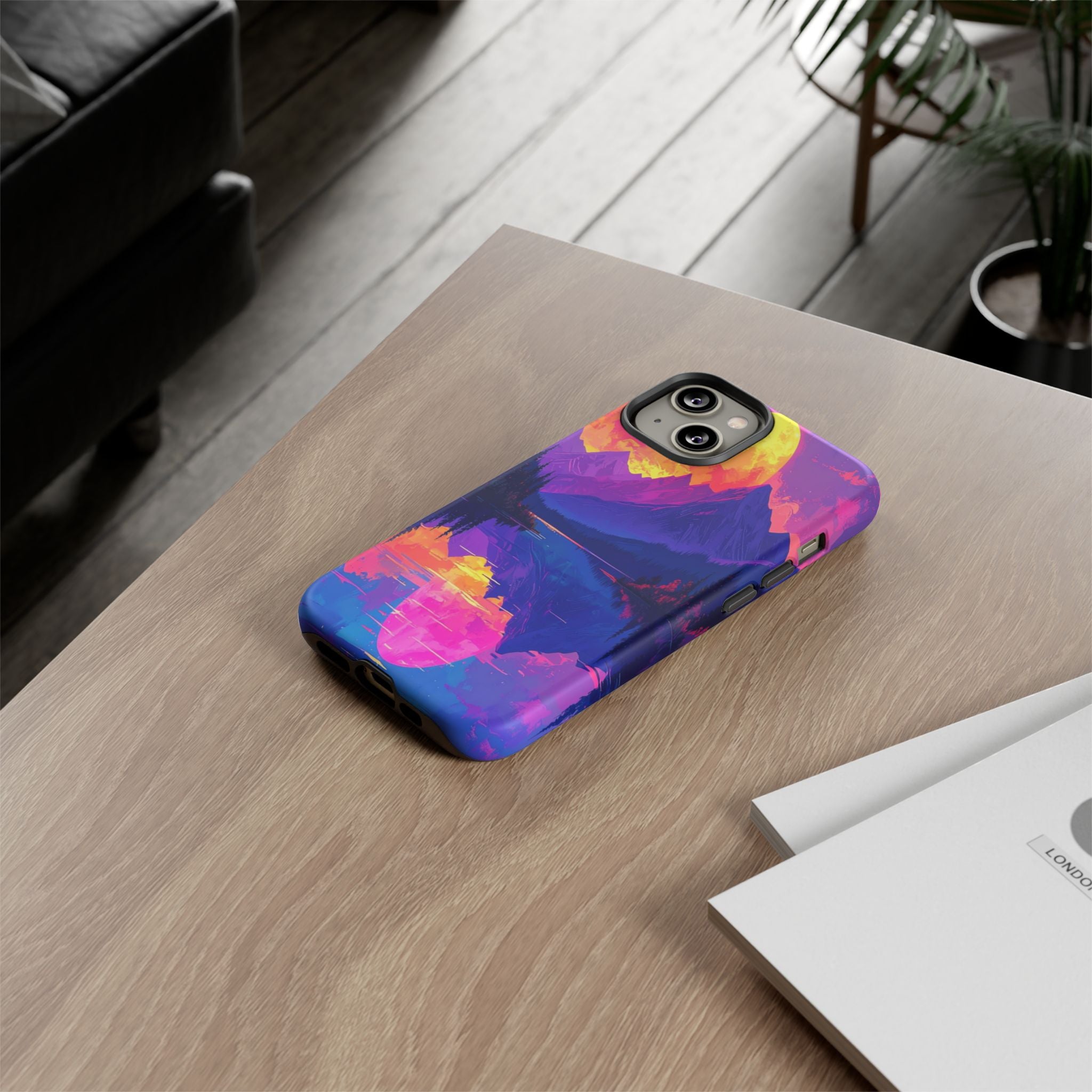 Twilight's Reflective Embrace: Mountain Synthwave Landscape, Digital Sunset Panorama - L’Art Suprême Phone Case