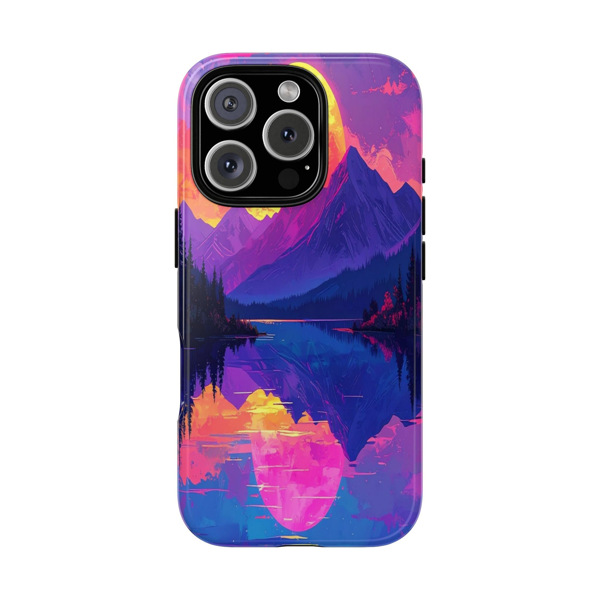 Twilight's Reflective Embrace: Mountain Synthwave Landscape, Digital Sunset Panorama - L’Art Suprême Phone Case