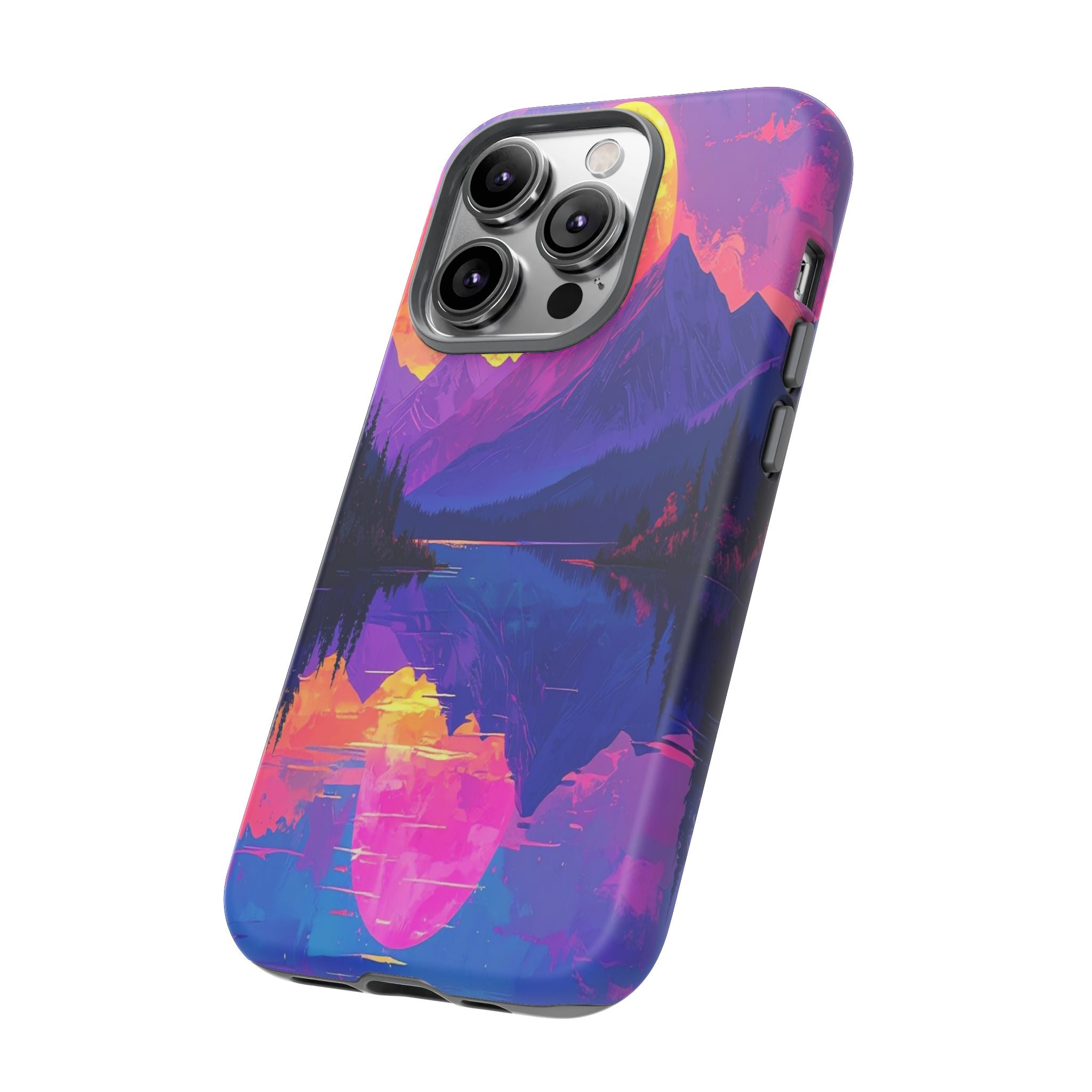 Twilight's Reflective Embrace: Mountain Synthwave Landscape, Digital Sunset Panorama - L’Art Suprême Phone Case