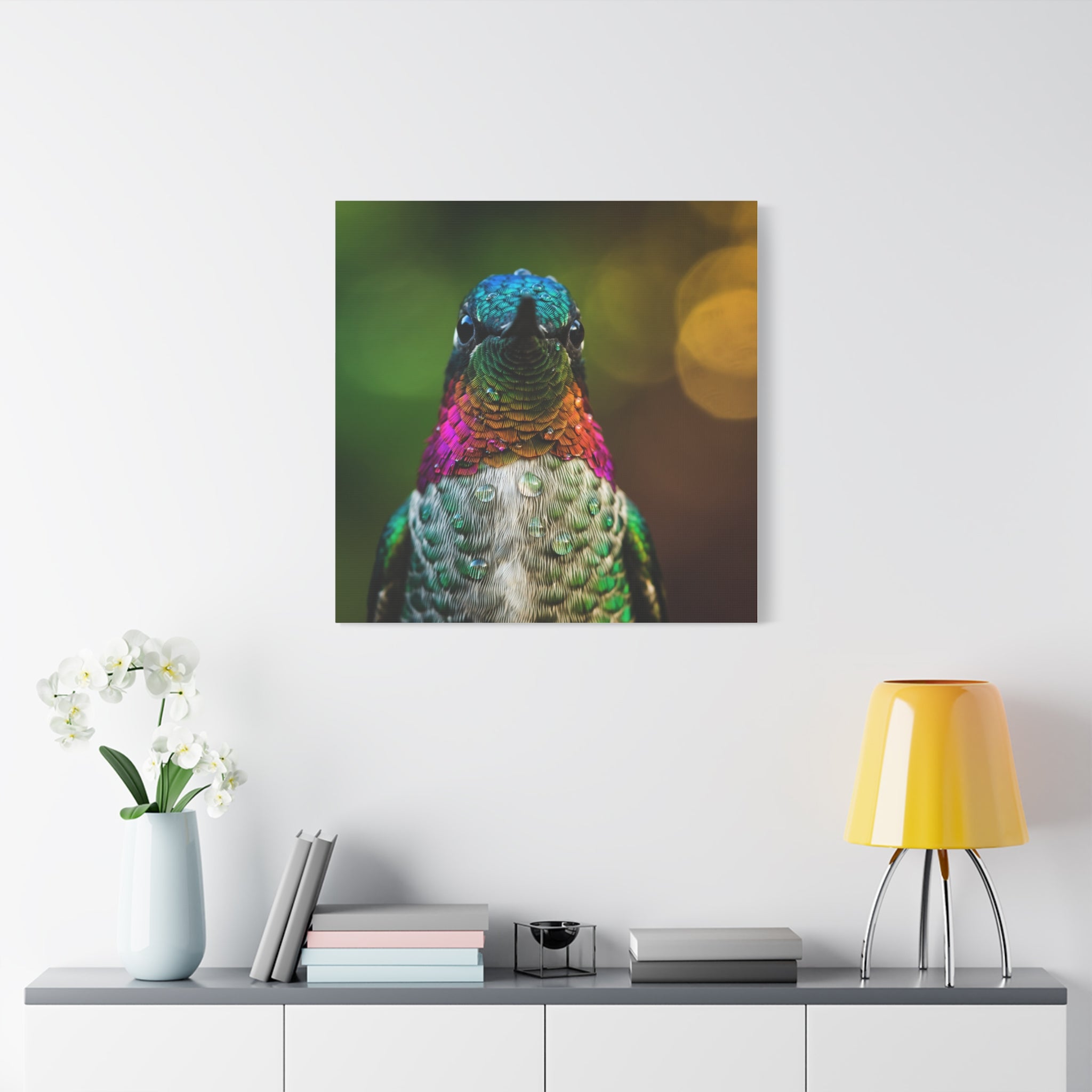 Iridescent Whispers: Hummingbird in Vibrant Plumage, Close-Up Nature Photography - L’Art Suprême Canvas