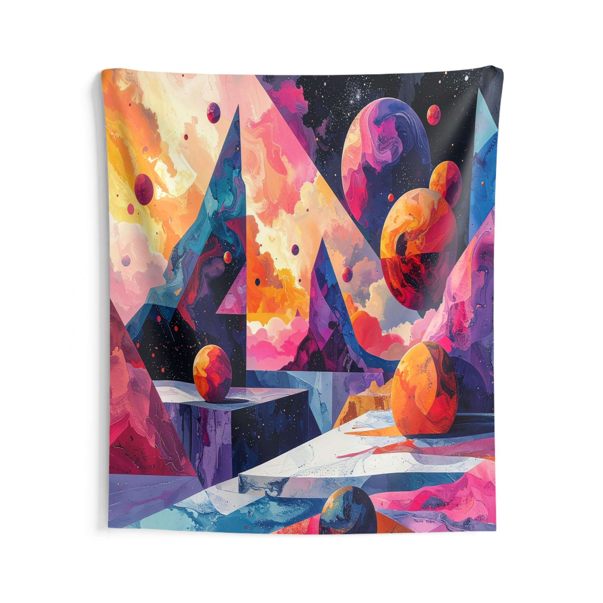 Cosmic Geometry: Planetary Dreamscape, Psychedelic Abstract Digital Art - L'Art Tapestry