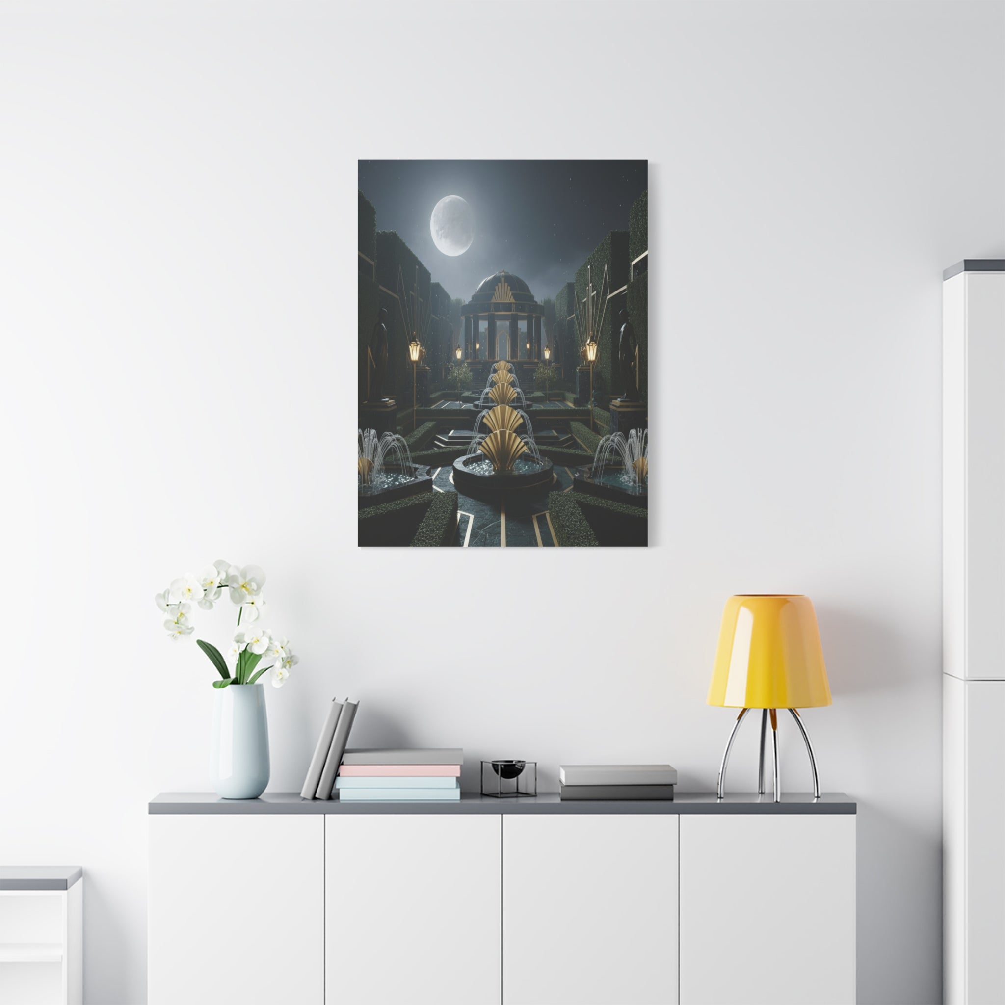 Nocturnal Pavilion: Art Deco Garden Symphony, Moonlit Architectural Dreamscape - L’Art Suprême Canvas