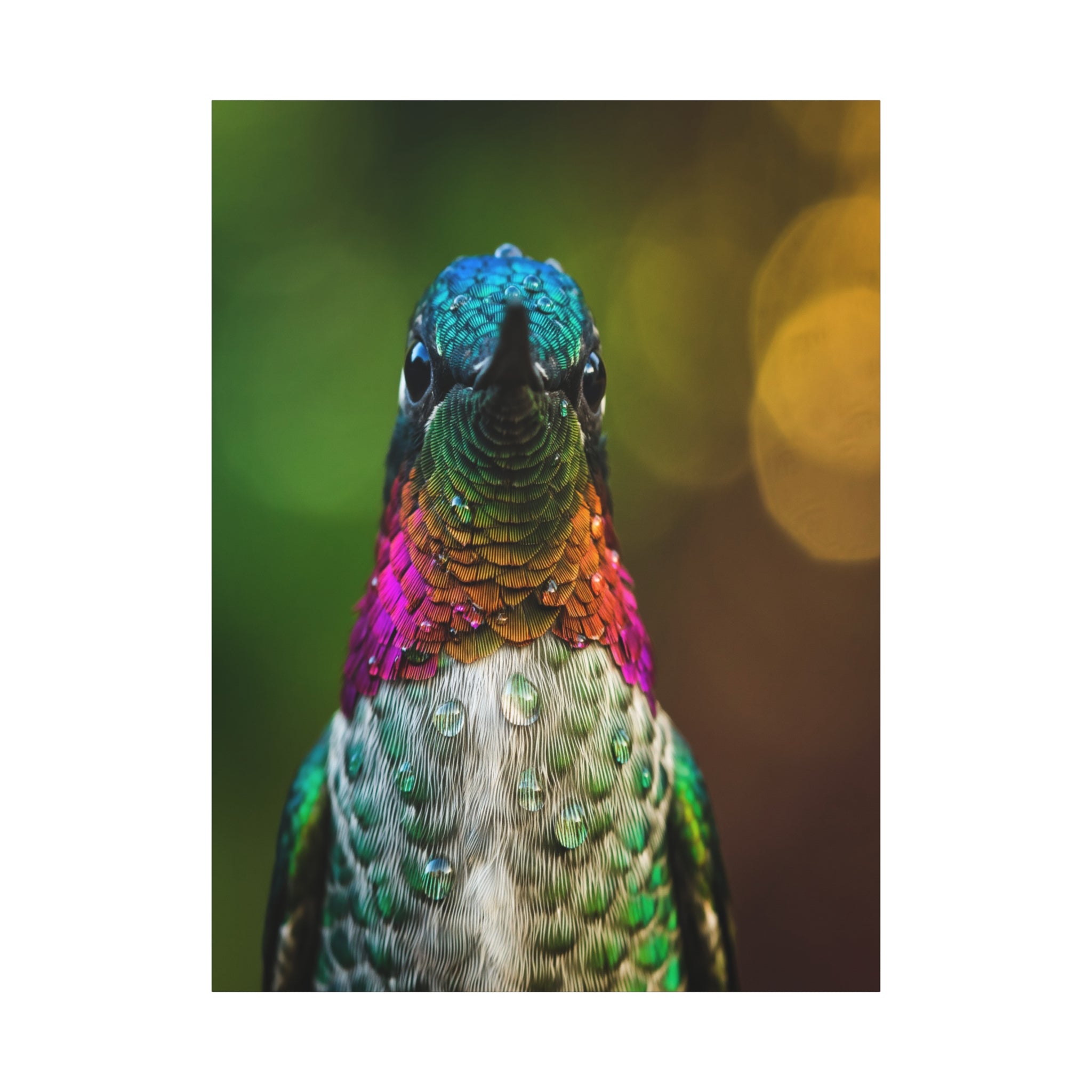 Iridescent Whispers: Hummingbird in Vibrant Plumage, Close-Up Nature Photography - L’Art Suprême Canvas