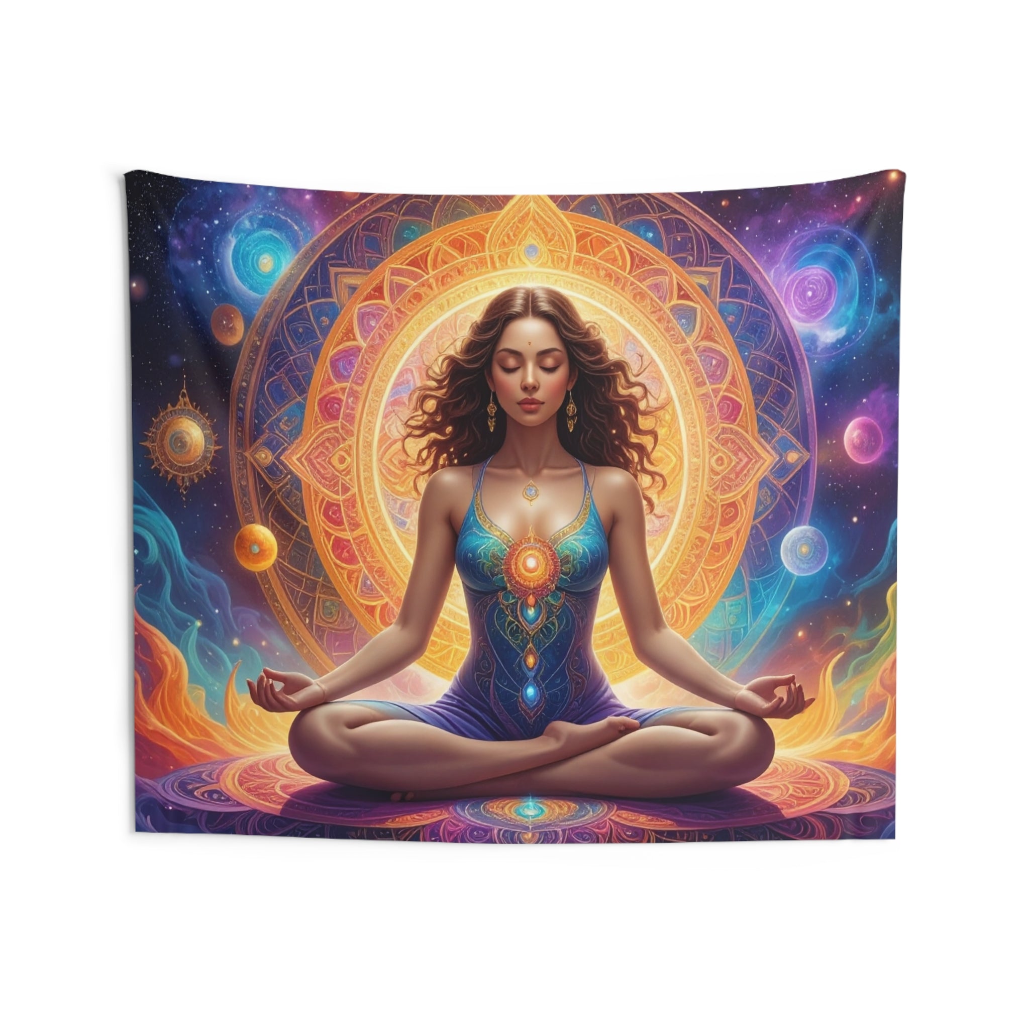Cosmic Meditation: Ethereal Chakra Mandala, Spiritual Digital Art Transformation - L'Art Tapestry