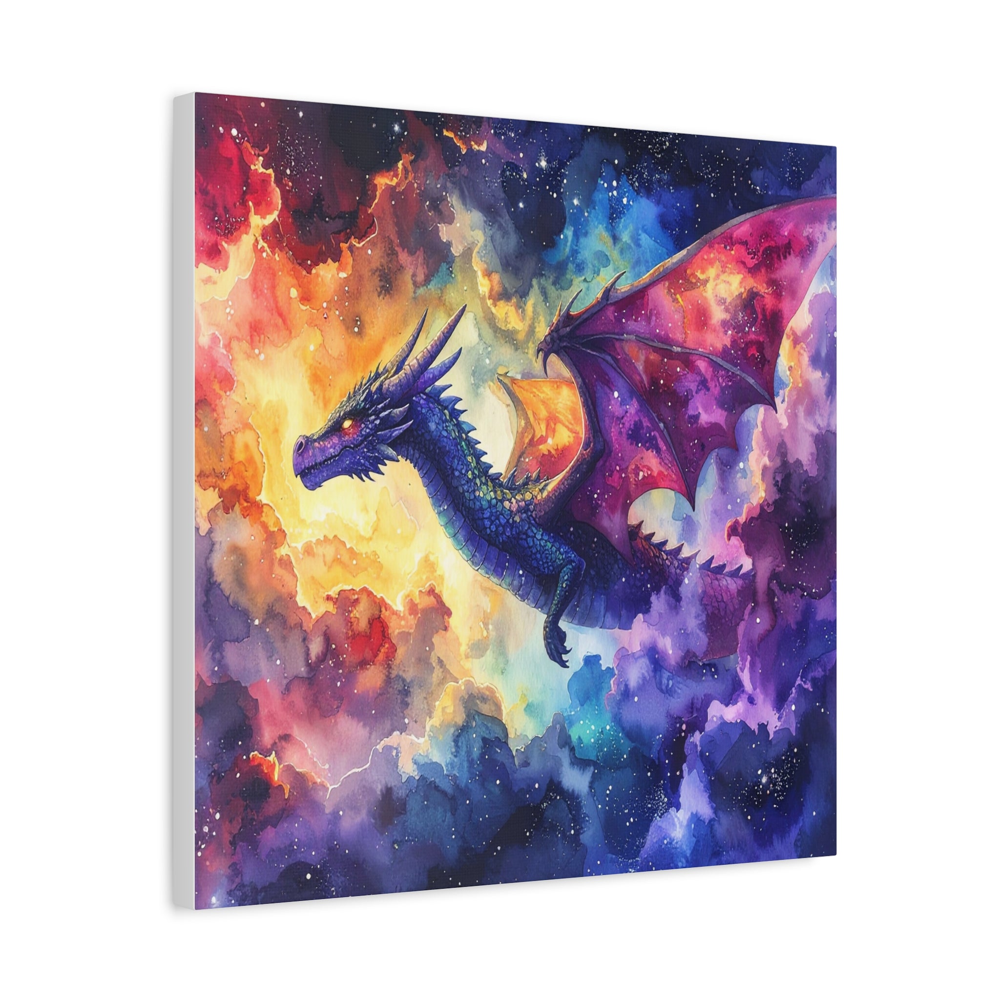 Cosmic Dragons' Ascent: Ethereal Watercolor Fantasy, Celestial Mythical Landscape - L’Art Suprême Canvas