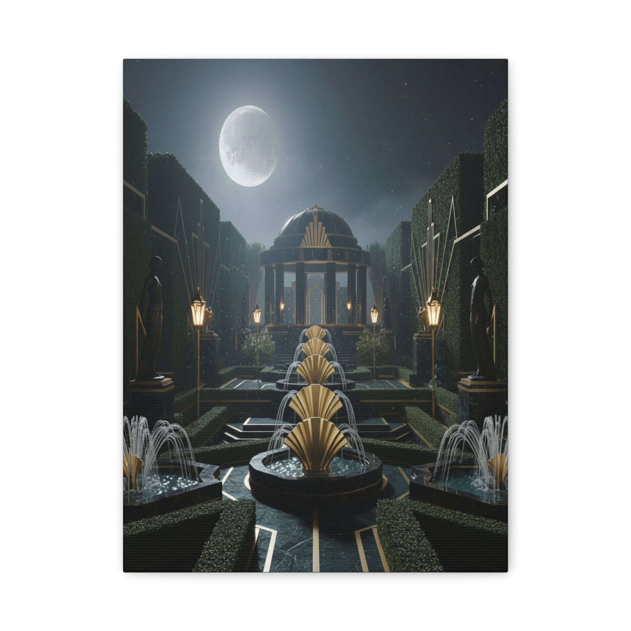 Nocturnal Pavilion: Art Deco Garden Symphony, Moonlit Architectural Dreamscape - L’Art Suprême Canvas