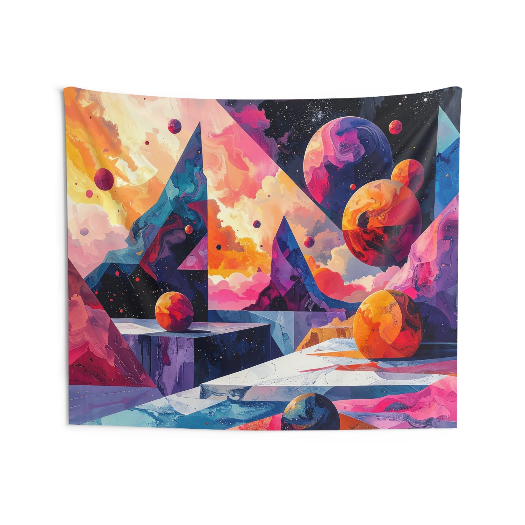 Cosmic Geometry: Planetary Dreamscape, Psychedelic Abstract Digital Art - L'Art Tapestry