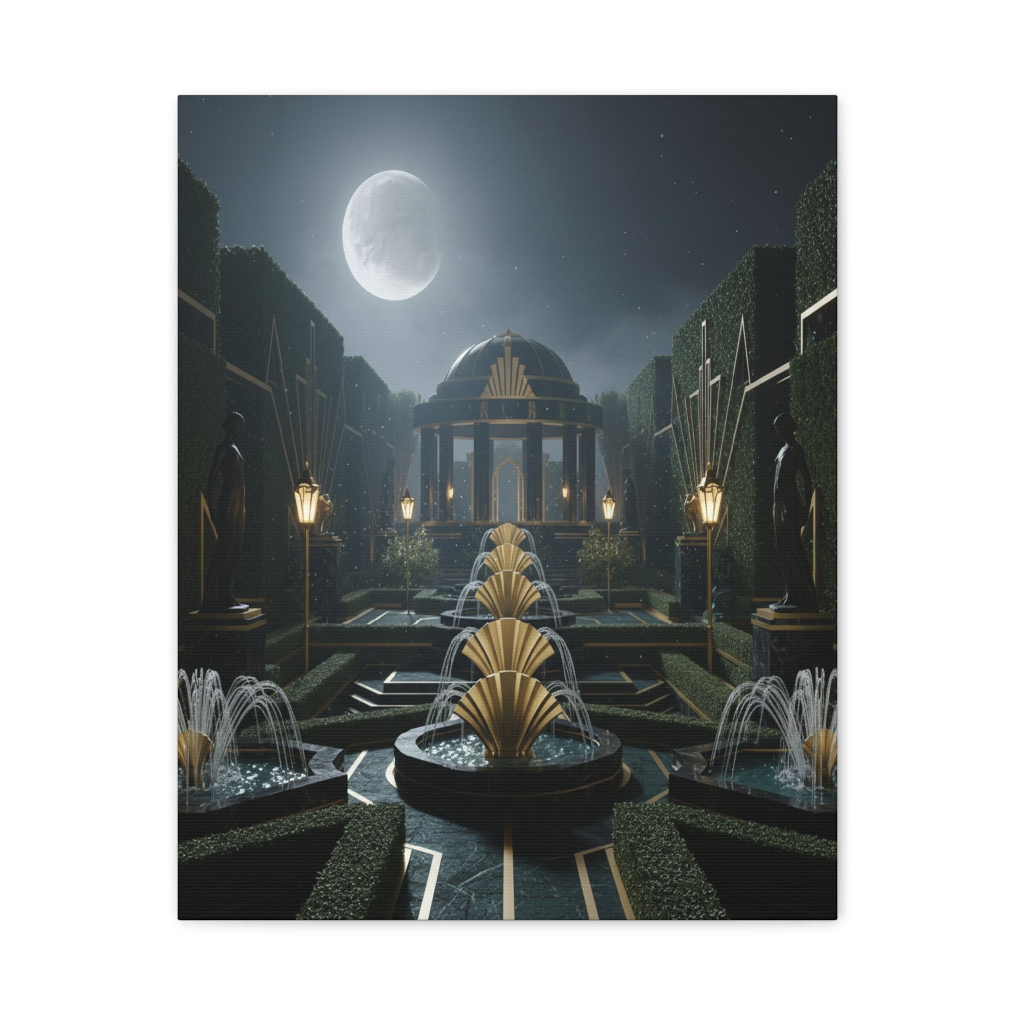 Nocturnal Pavilion: Art Deco Garden Symphony, Moonlit Architectural Dreamscape - L’Art Suprême Canvas