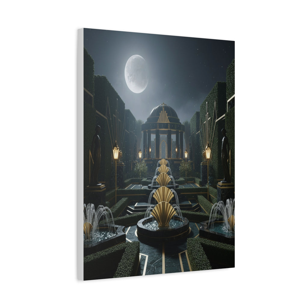 Nocturnal Pavilion: Art Deco Garden Symphony, Moonlit Architectural Dreamscape - L’Art Suprême Canvas