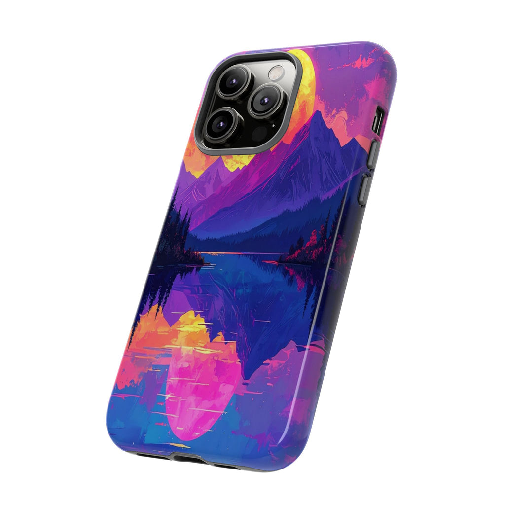 Twilight's Reflective Embrace: Mountain Synthwave Landscape, Digital Sunset Panorama - L’Art Suprême Phone Case