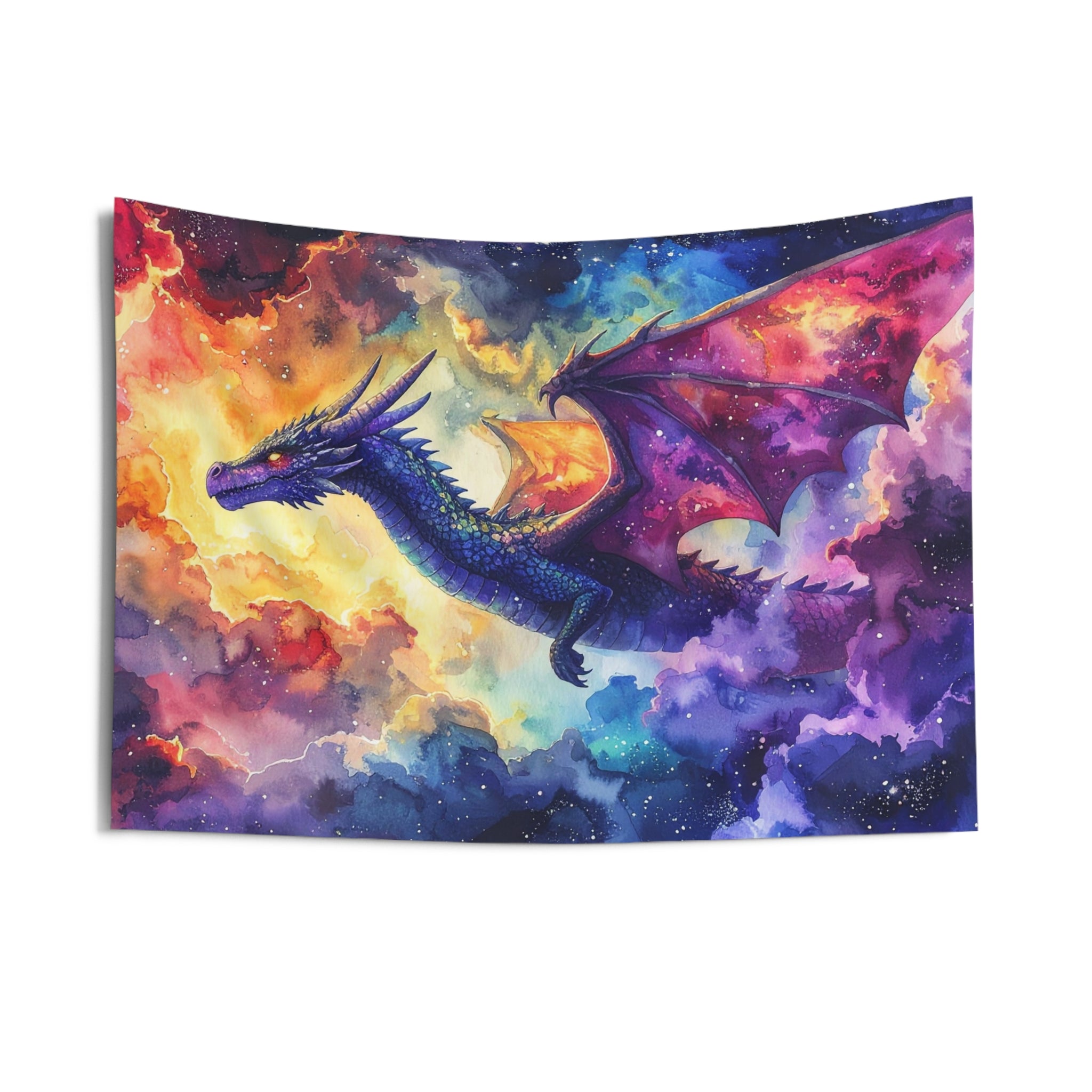 Celestial Dragonscape: Cosmic Fantasy Watercolor, Mythical Realm Panorama - L'Art Tapestry