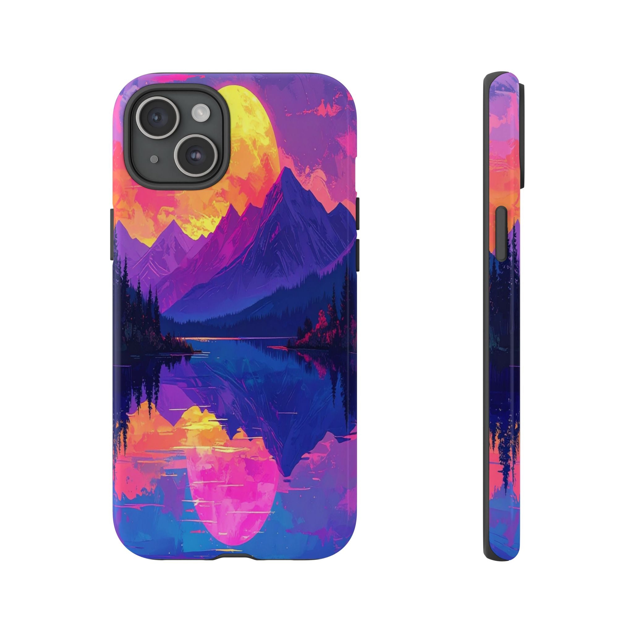 Twilight's Reflective Embrace: Mountain Synthwave Landscape, Digital Sunset Panorama - L’Art Suprême Phone Case