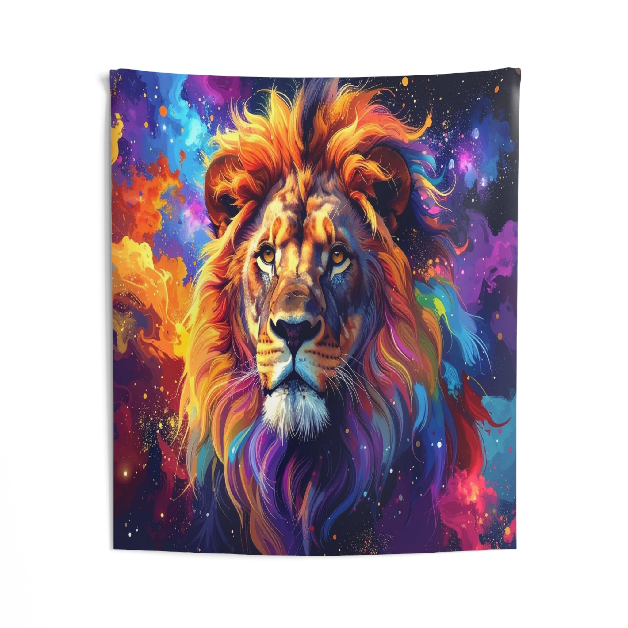 Cosmic Mane: Celestial Lion Portrait, Digital Cosmic Art, Vibrant Color Explosion - L'Art Tapestry